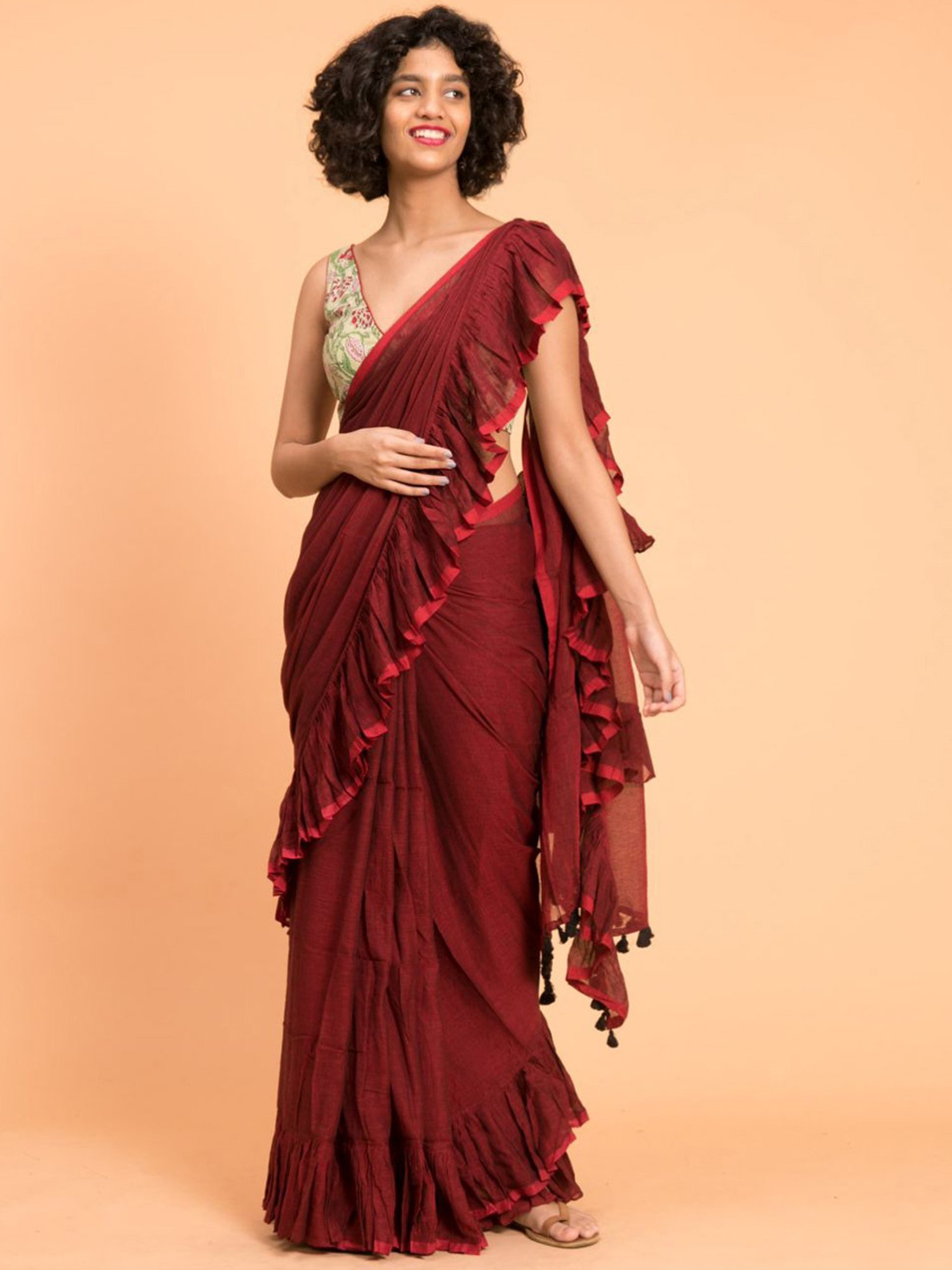 Maroon Ruffled Pre-Stitched Saree Set – SeemaThukral