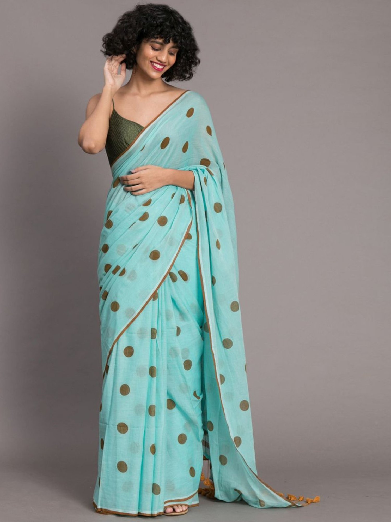 Women's Blue Poly Georgette Polka Dot/Geometric Print Saree -HAL23RYN00043BLUE