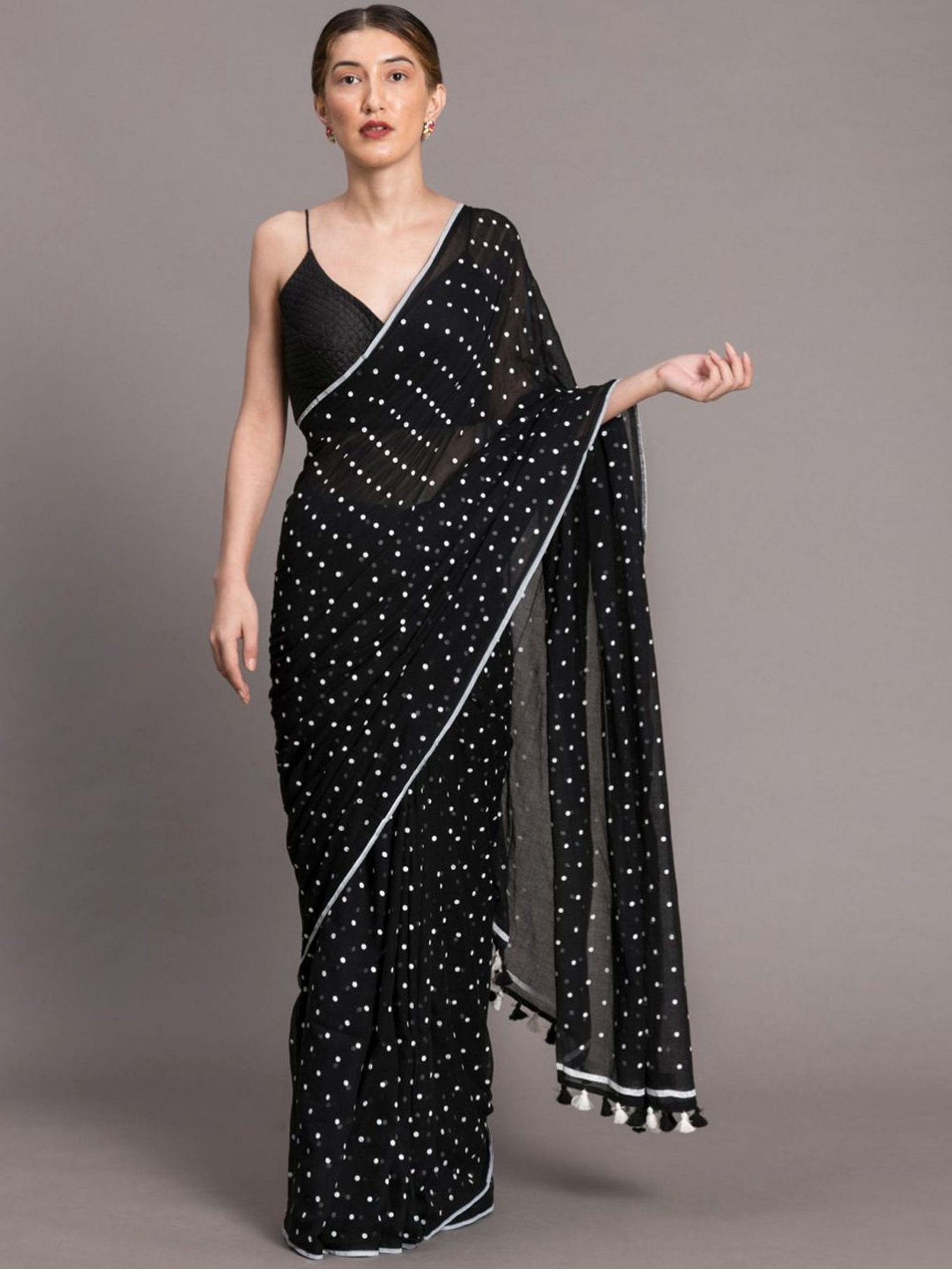 Modal Polka Dot Saree In BlackDefault Title | Black saree designs, Saree  designs, Black saree