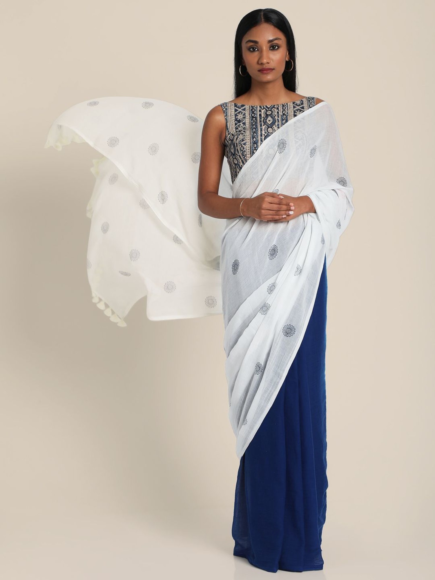 Beautiful White Digital Over all Printed one minute ready made saree |  Isadora Life