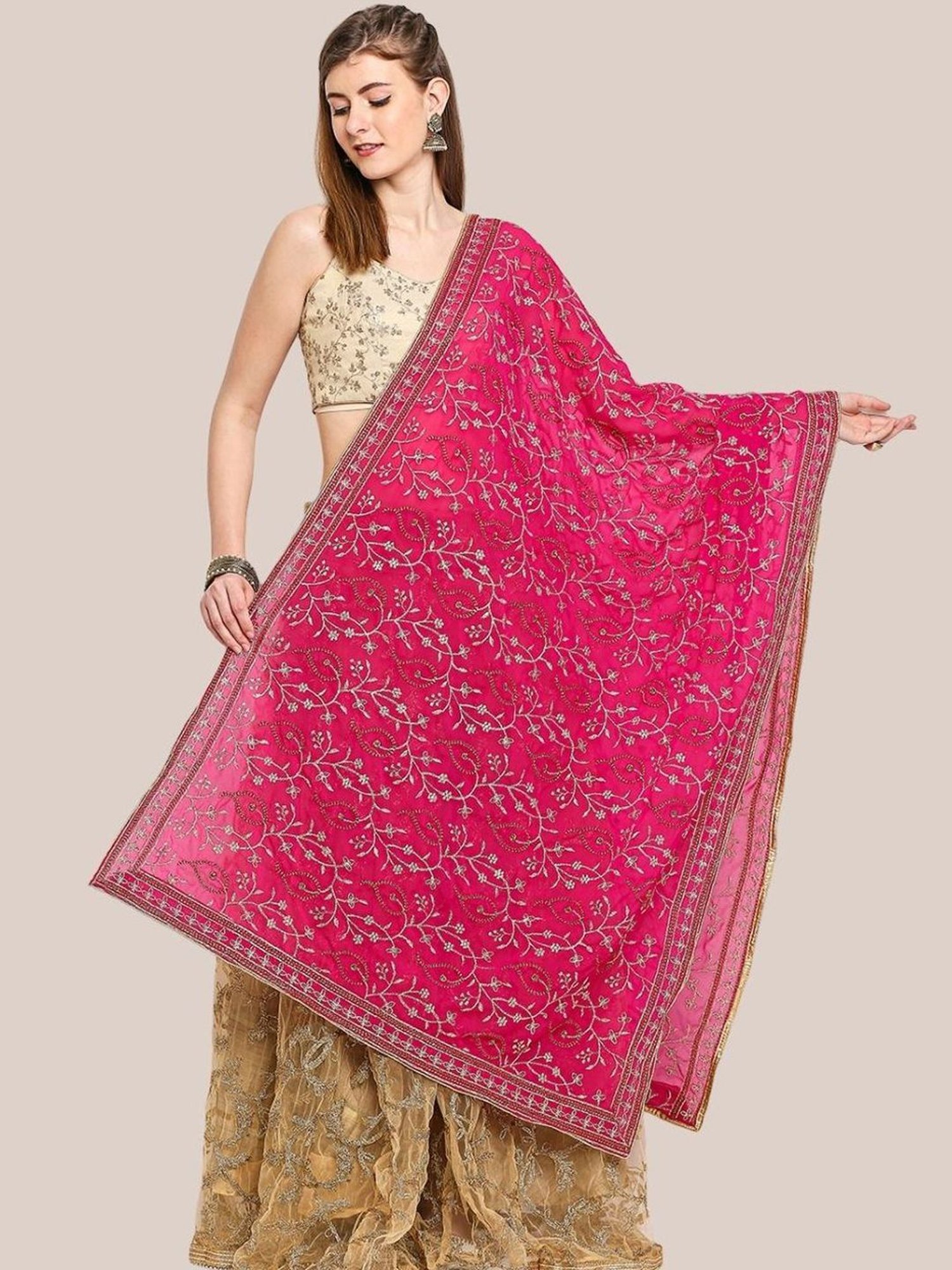 Rani Pink & Gold Embroidered Net Dupatta Dupatta Bazaar