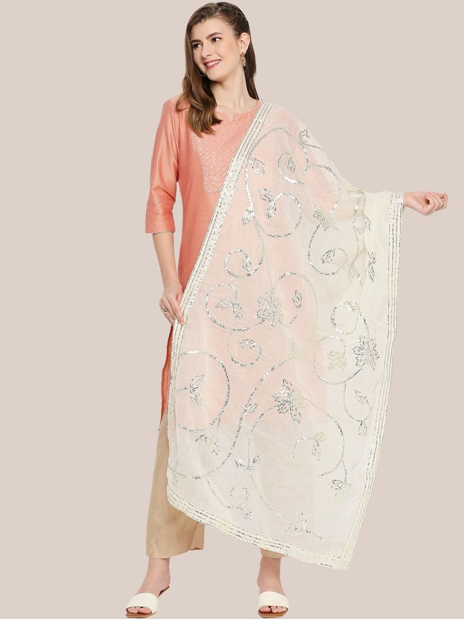 DUPATTA BAZAAR Dupatta a rete impreziosita da donna, Beige:oro, Taglia unica