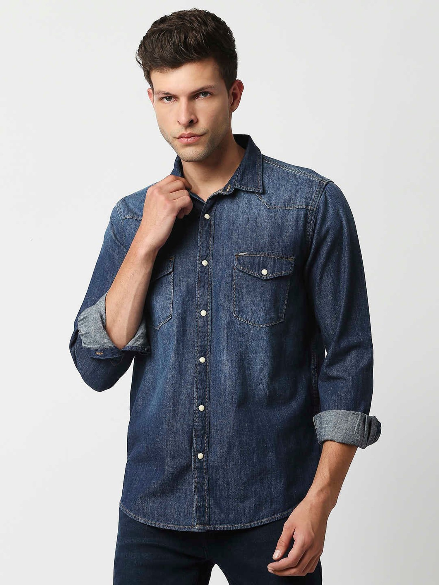 Pepe Jeans Men Solid Casual Blue Shirt