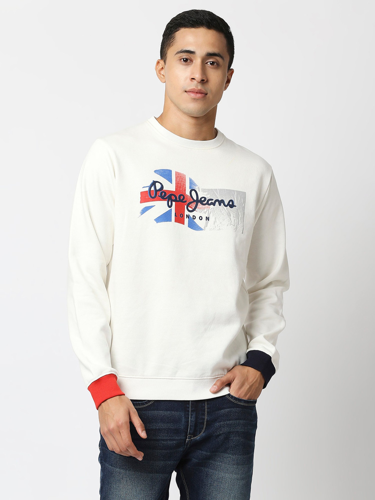 Buy Pepe Jeans White CLiQ Neck Men\'s @ Full Sweatshirt Off Sleeves Round Tata Online for