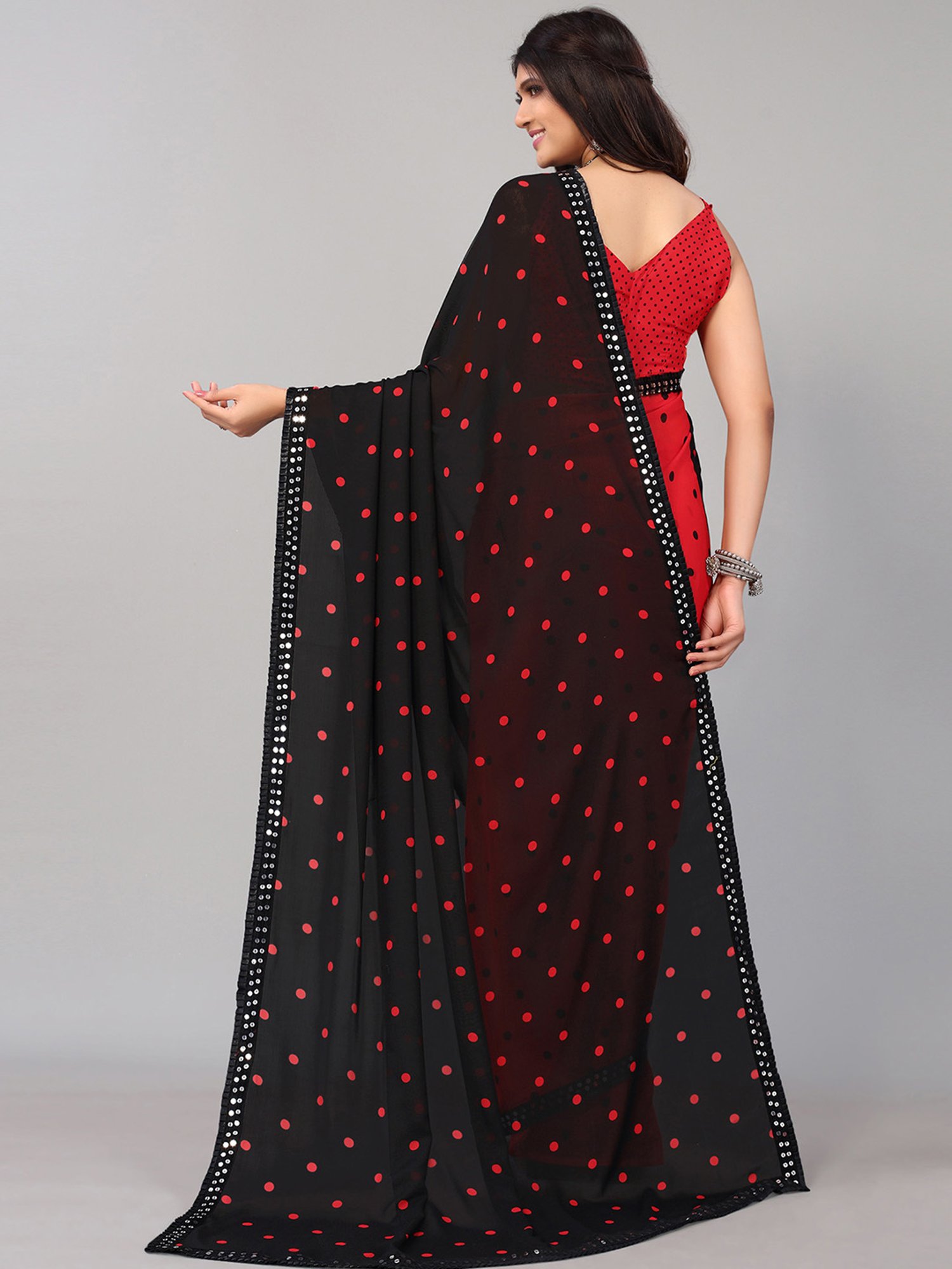 Beautiful White & Red Polka Dot Georgette Saree