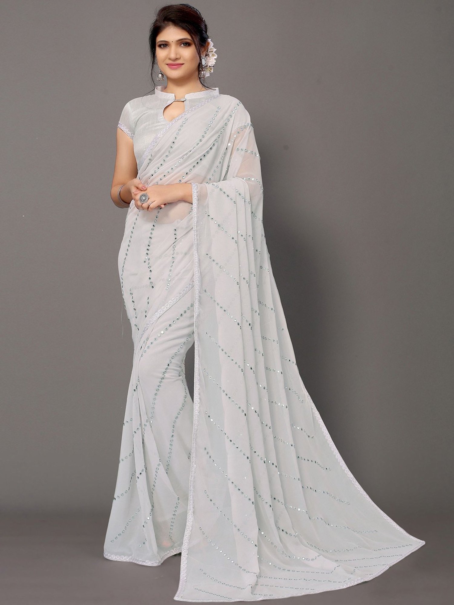 Buy Satrani White Embellished Saree With Unstitched Blouse for Women Online  @ Tata CLiQ