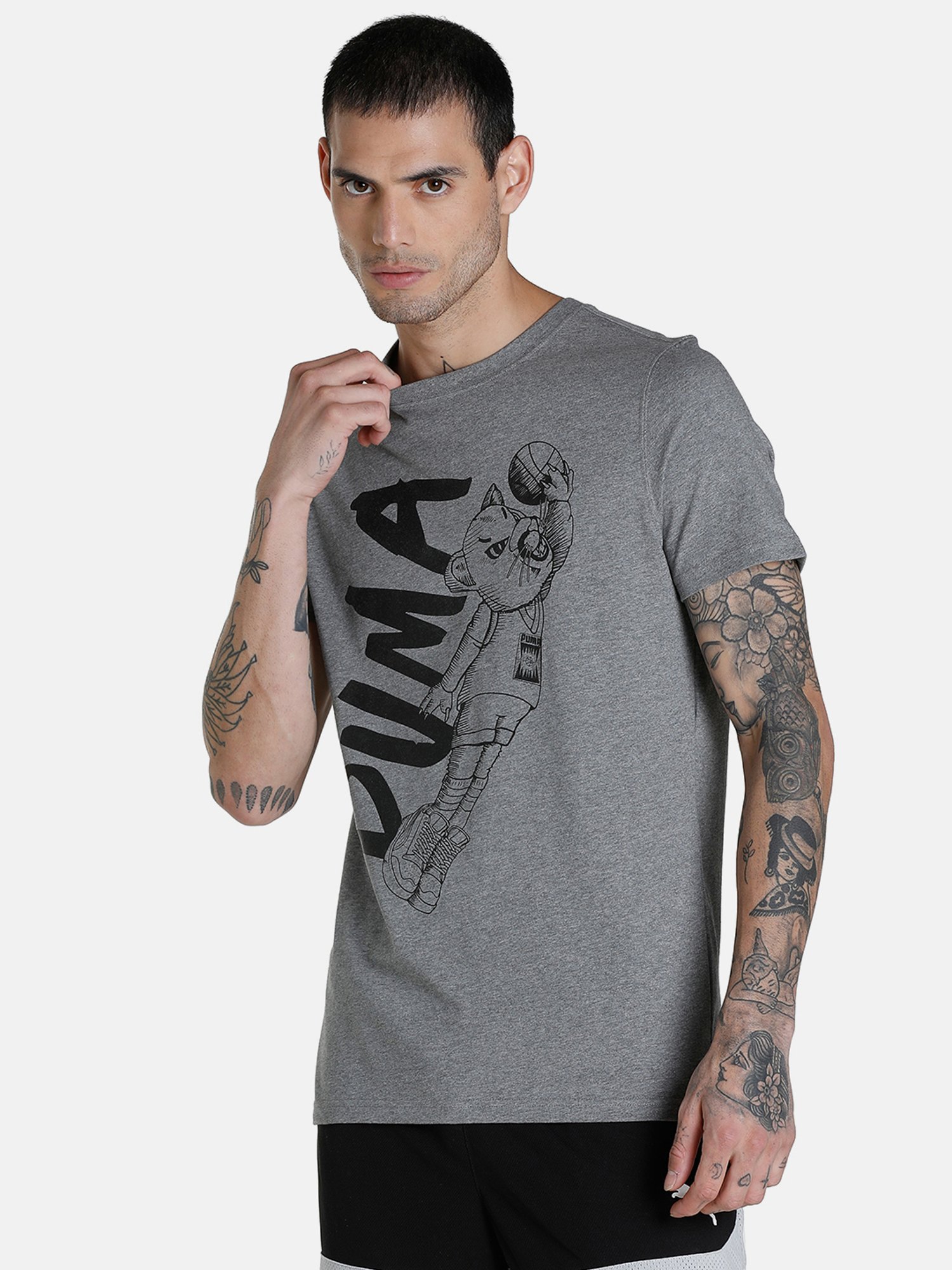PUMA グレー Tシャツ 神村ロゴ入り Buy Puma Dark Grey Cotton Crew T-Shirt for Men's Online @ Tata CLiQ