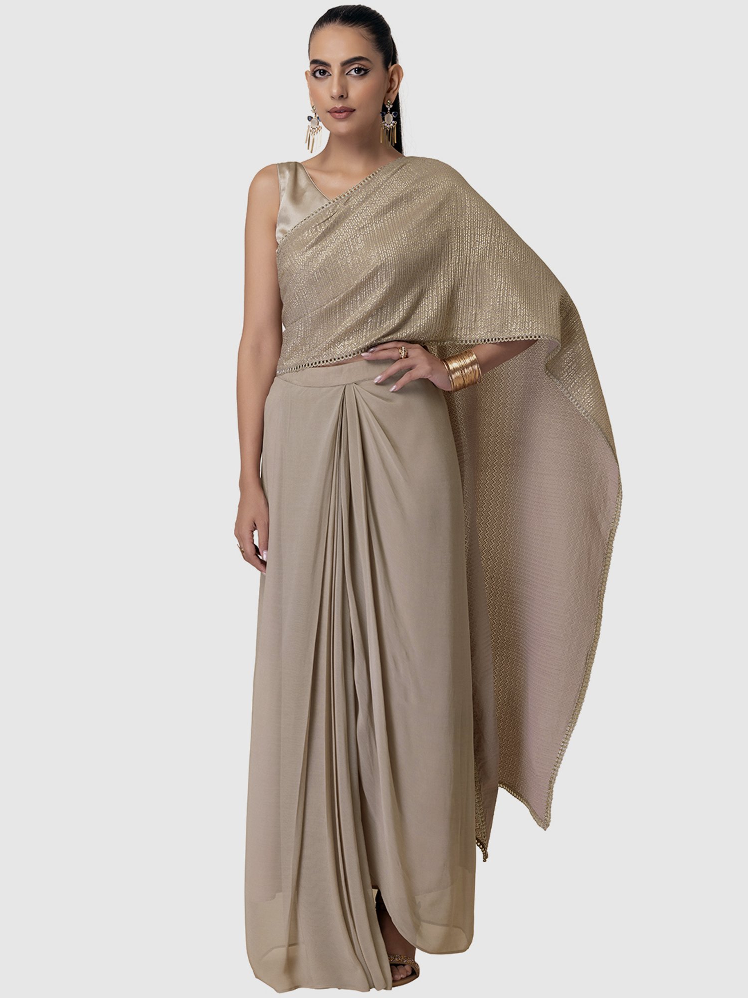 Buy Indya Beige Ready to Wear Saree for Women Online @ Tata CLiQ