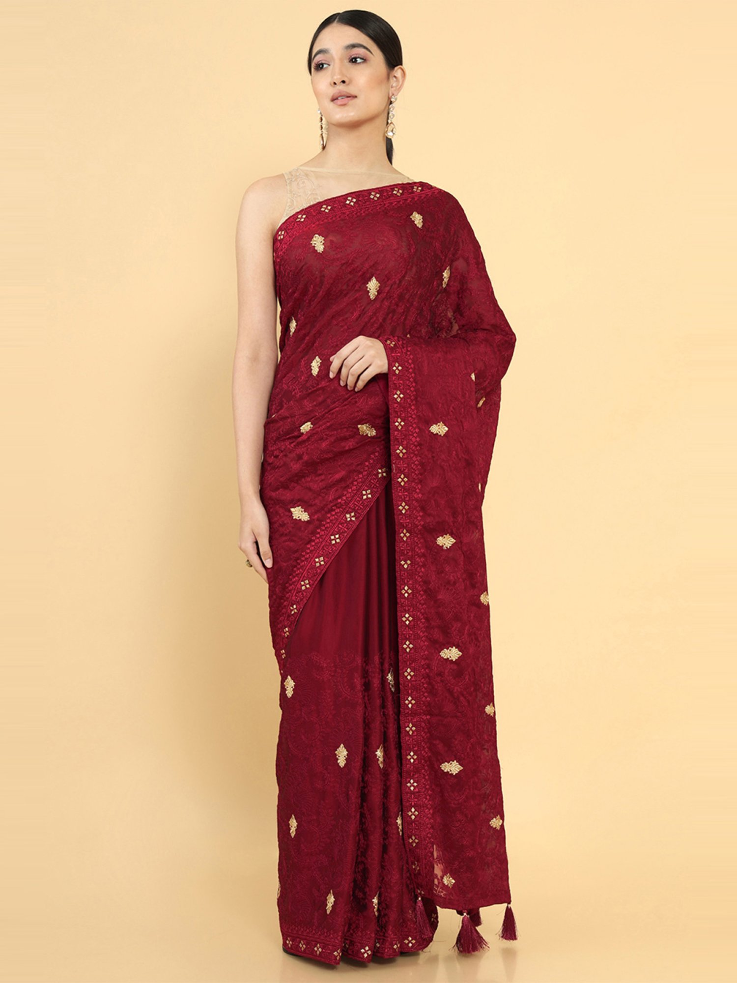 Buy Soch Maroon Embroidered Saree With Unstitched Blouse for Women