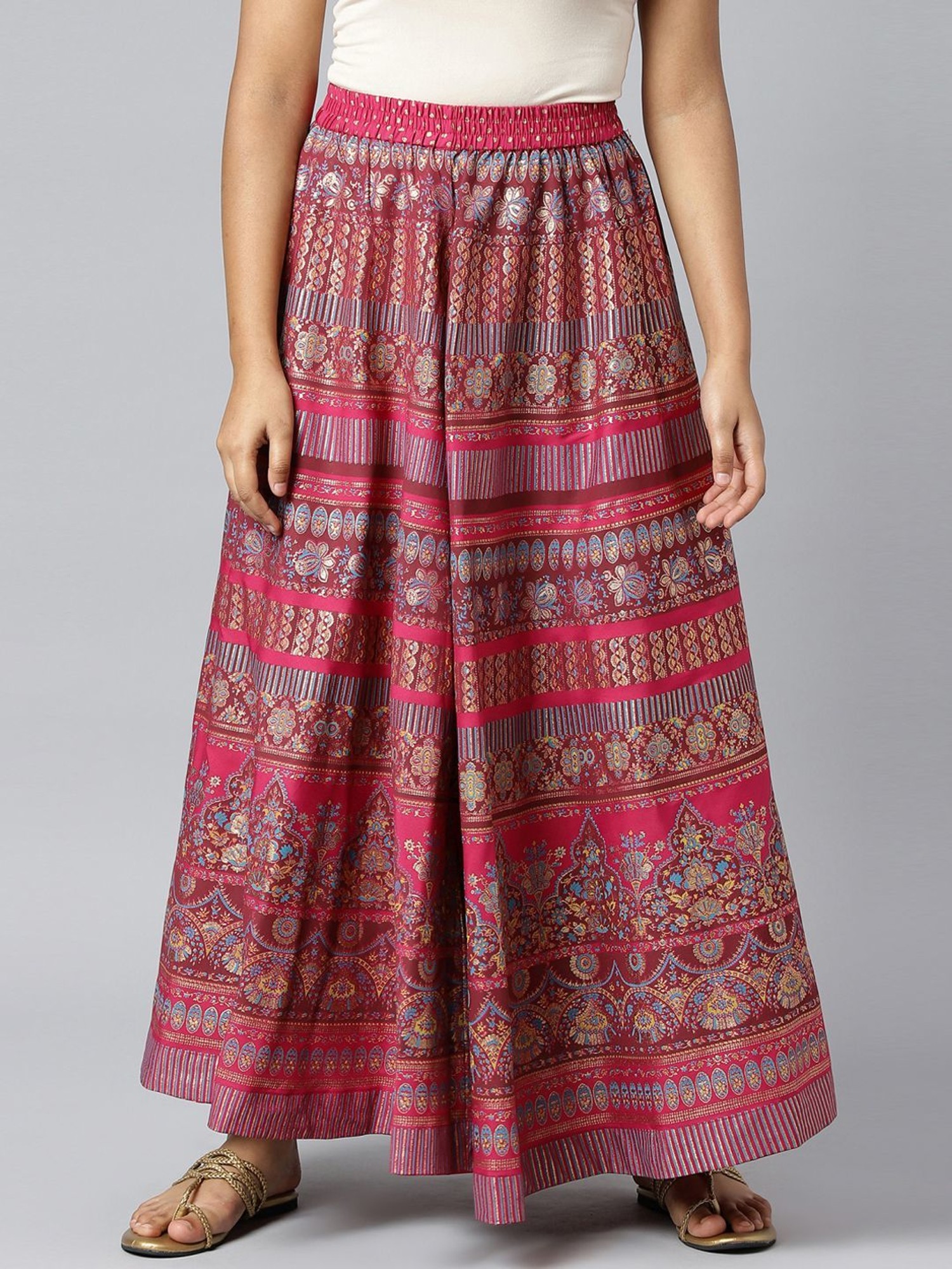 Buy Pink Printed Silk Blend Flared Skirt Online | Libas
