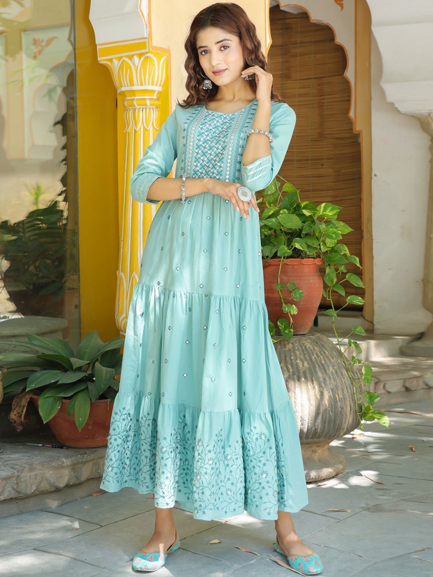 Buy Yufta Sky Blue Pure Cotton Embroidered Maxi Dress for Women