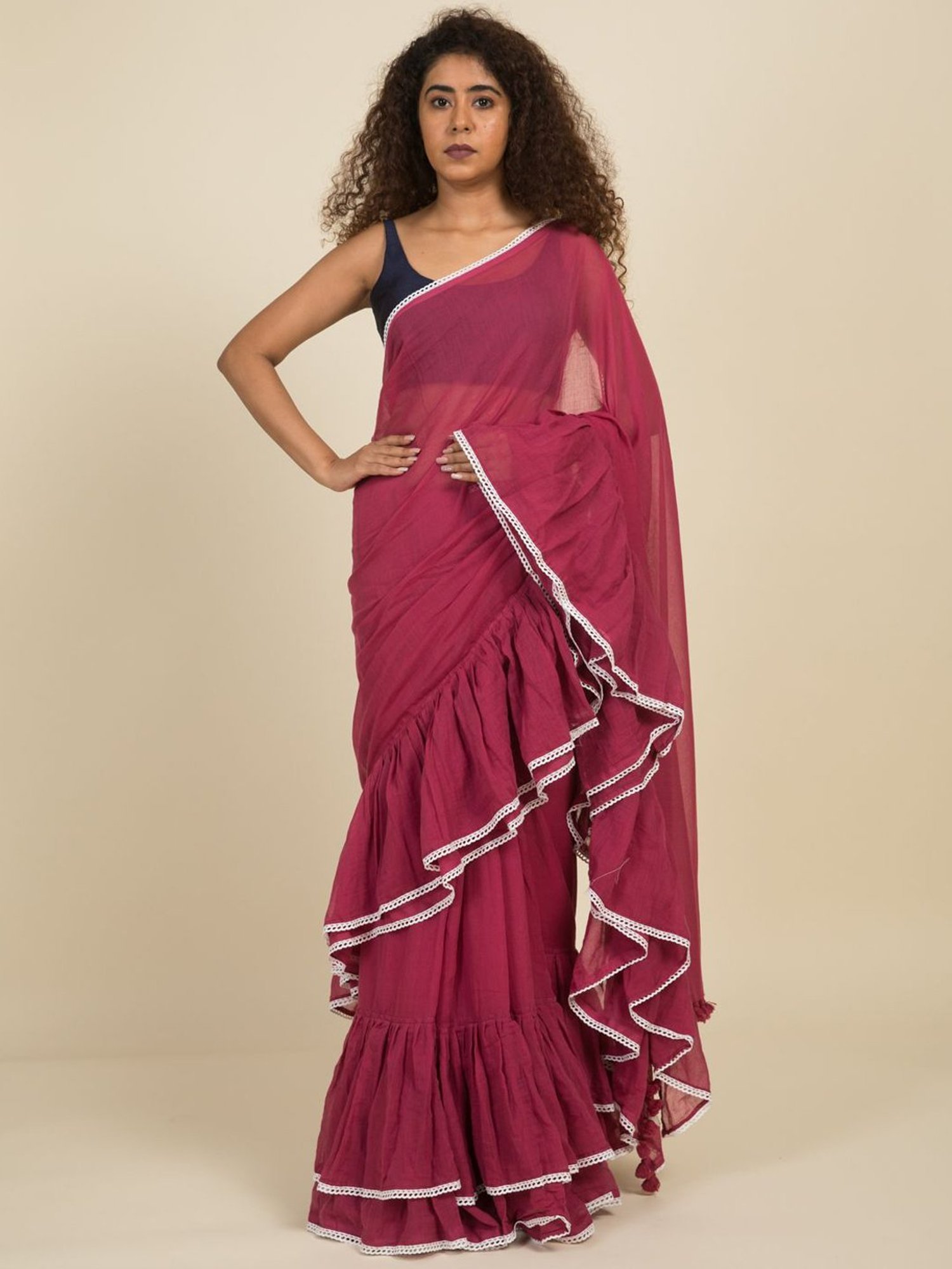 Maroon Satin Georgette Pleated Saree Set Design by Kashmiraa at Pernia's  Pop Up Shop 2024