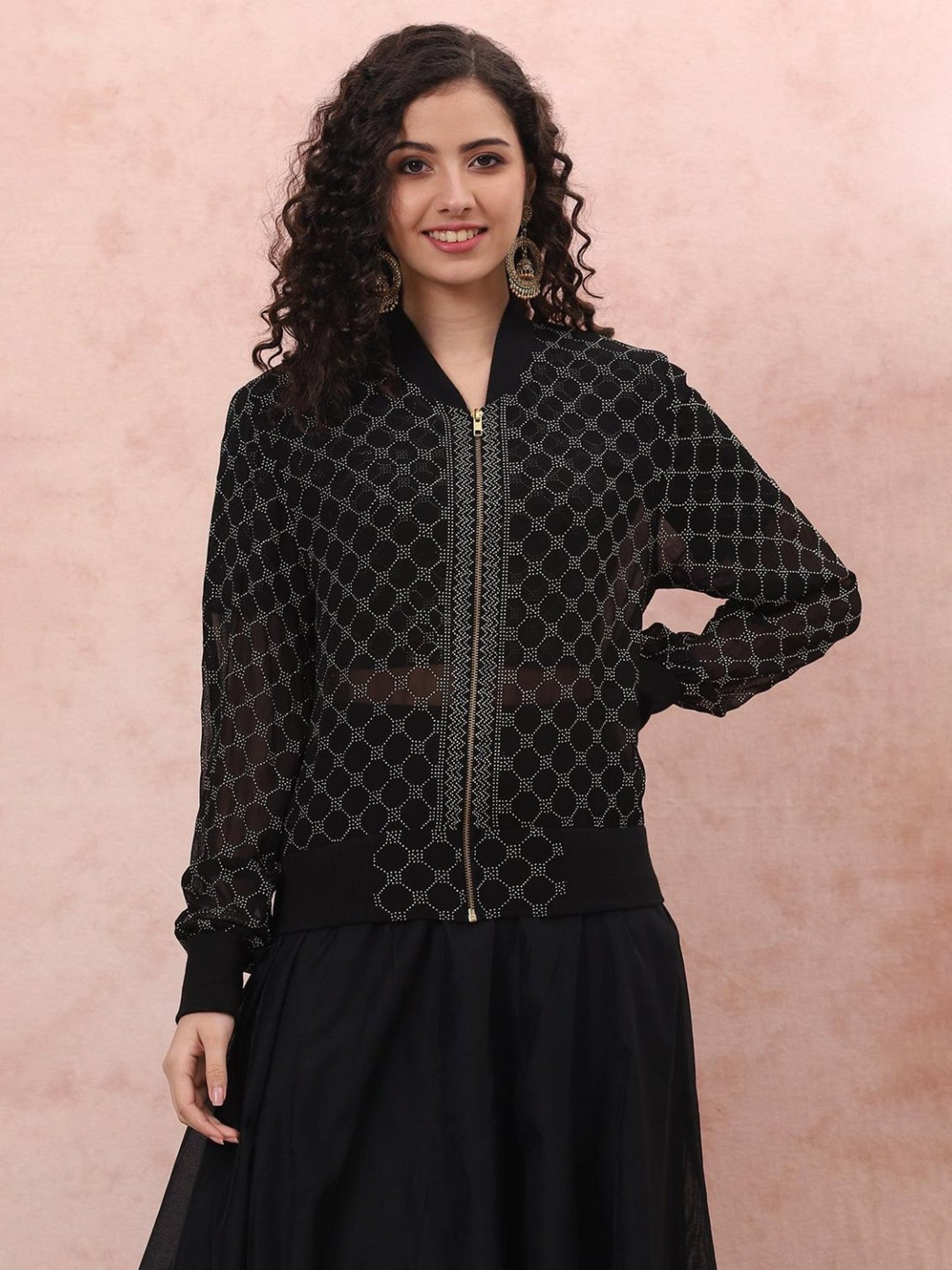 Buy Rangriti Black Printed Top Skirt Set With Jacket for Women