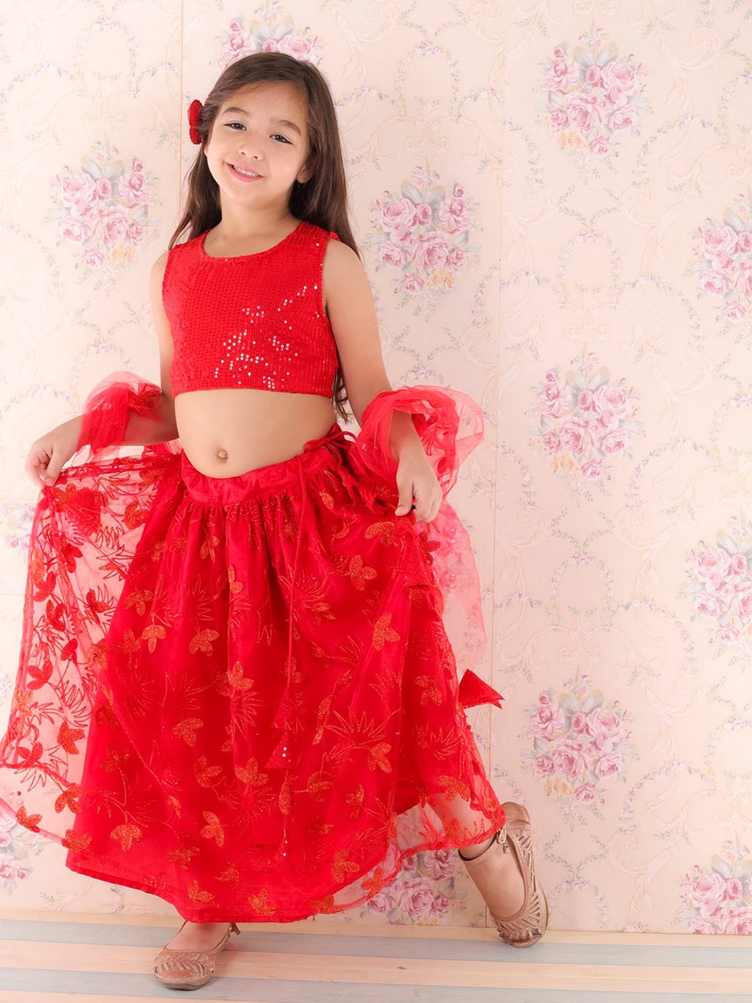 Kids Red New south Indian traditional pattu pavadai Jacquard Lehenga choli  for girls dress - EVERWILLOW - 4074519