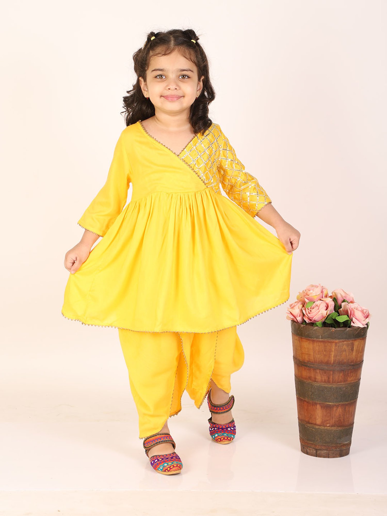 Charming Yellow Cotton Kediya and Dhoti For Little Girls