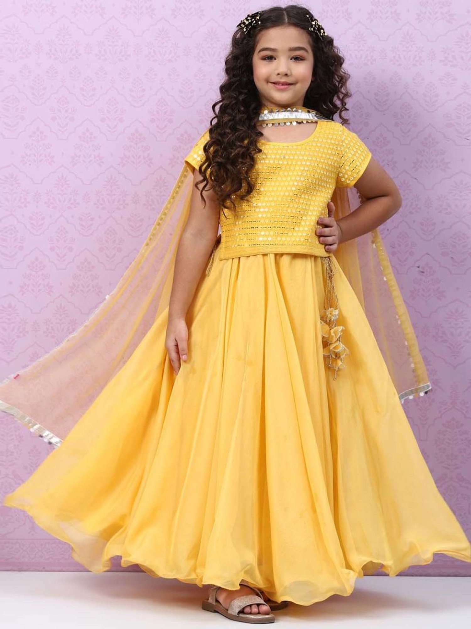 Buy Pink Silk And Net Embroidery Mukaish Lehenga Set For Girls by PS Kids  by Payal Singhal Online at Aza Fashions.