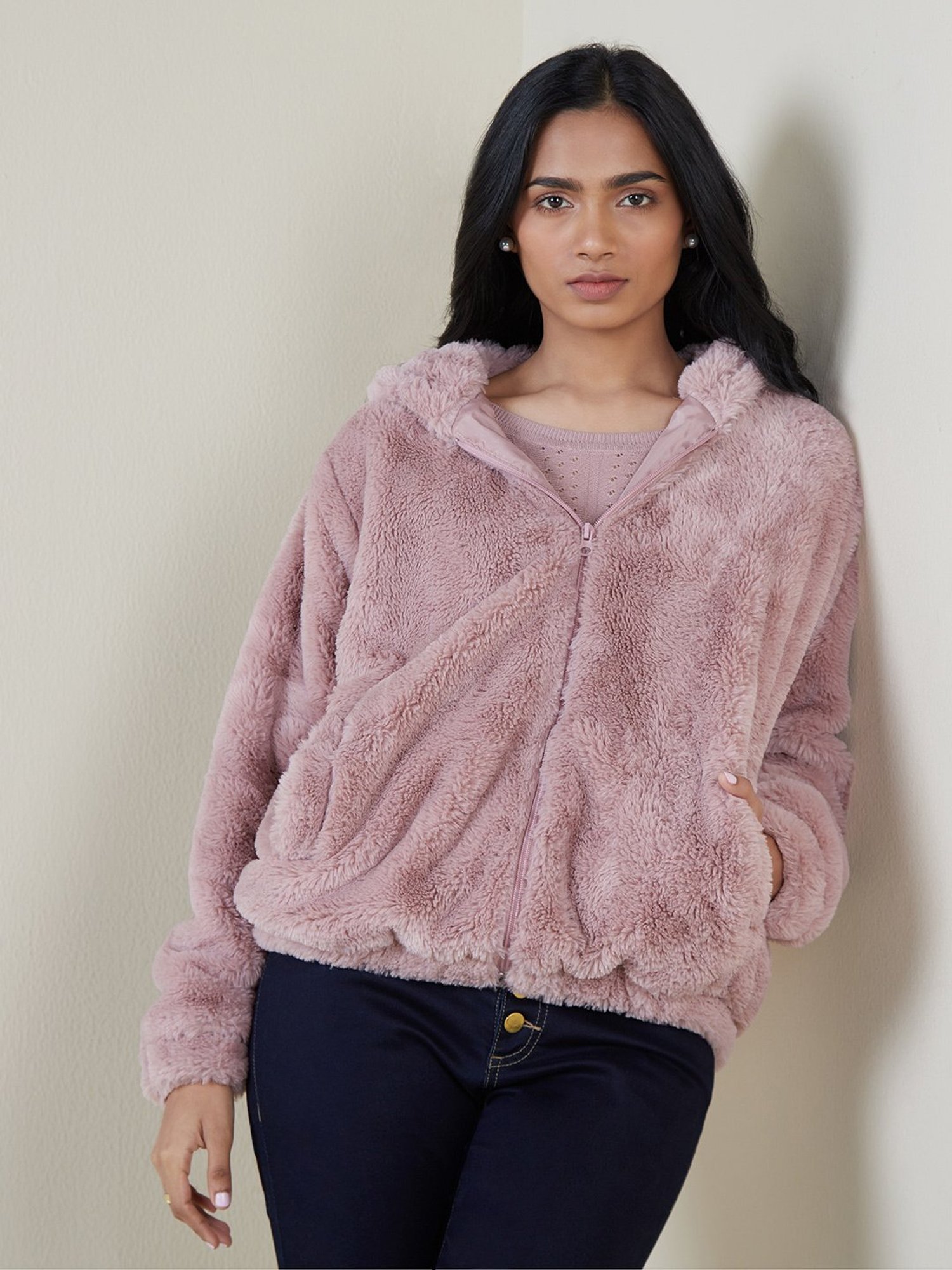 Buy LOV by Westside Dull Pink Furry Jacket for Online @ Tata CLiQ