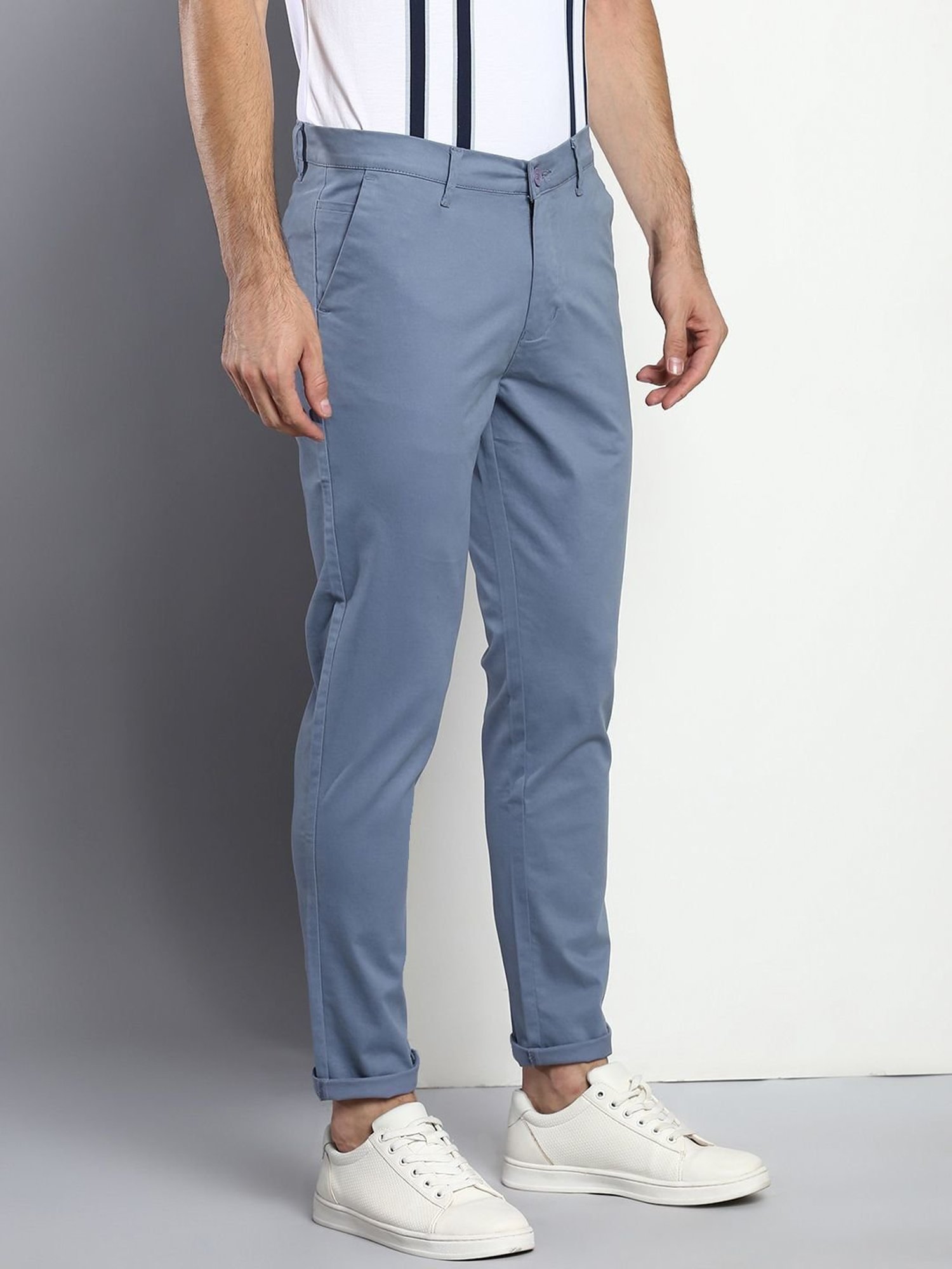 BASICS TAPERED FIT WINTER BLUE COTTON STRETCH TROUSERS-23BTR50299