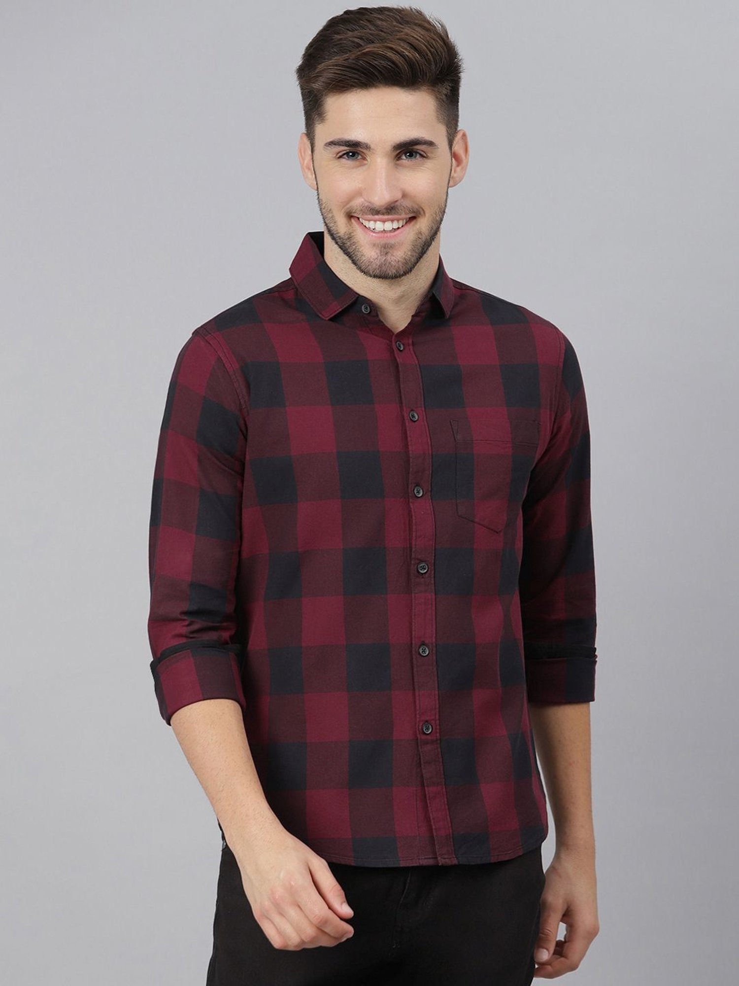 maroon black check shirt