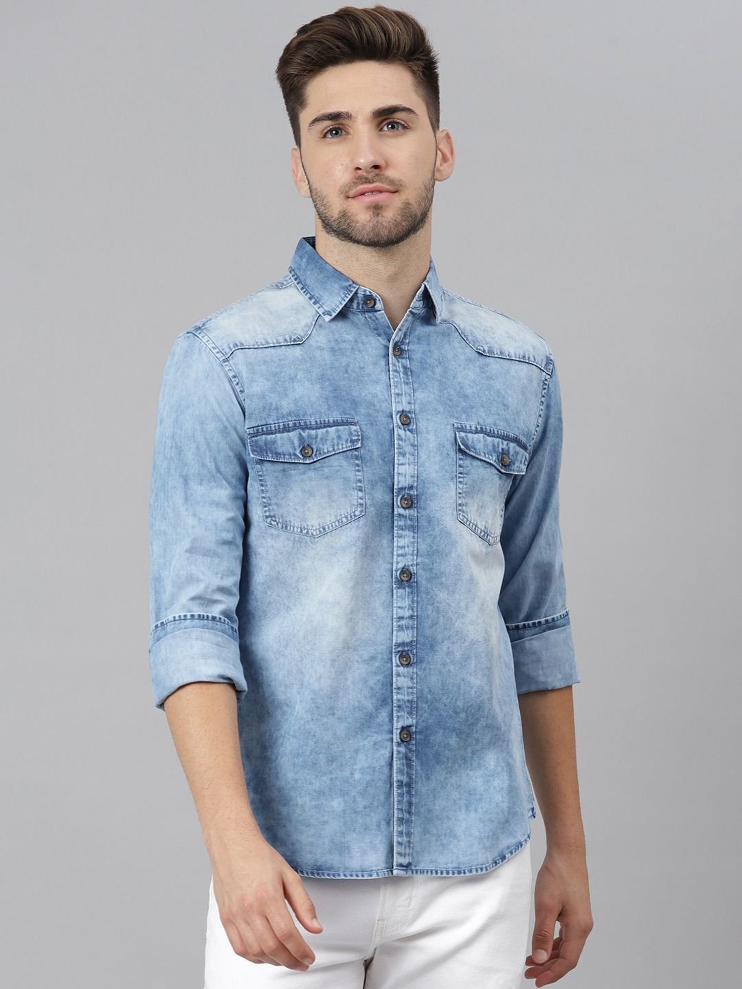 Buy Dennis Lingo Blue Cotton Slim Fit Denim Shirt for Mens Online @ Tata  CLiQ