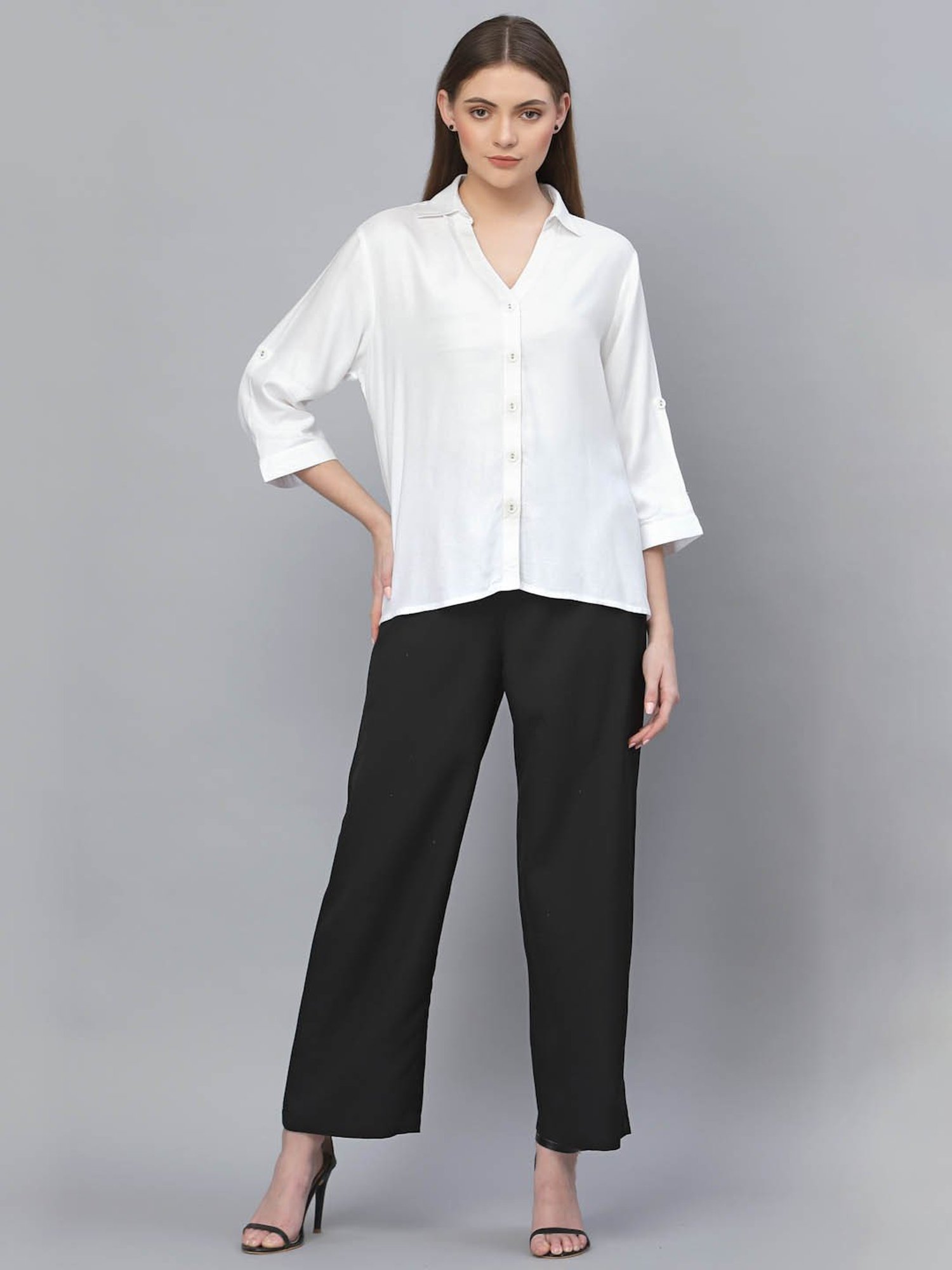 Women Solid White Spread Collar Neck Cuff Sleeves Button-Up Cotton Straight  Hem Regular Shirt - Berrylush