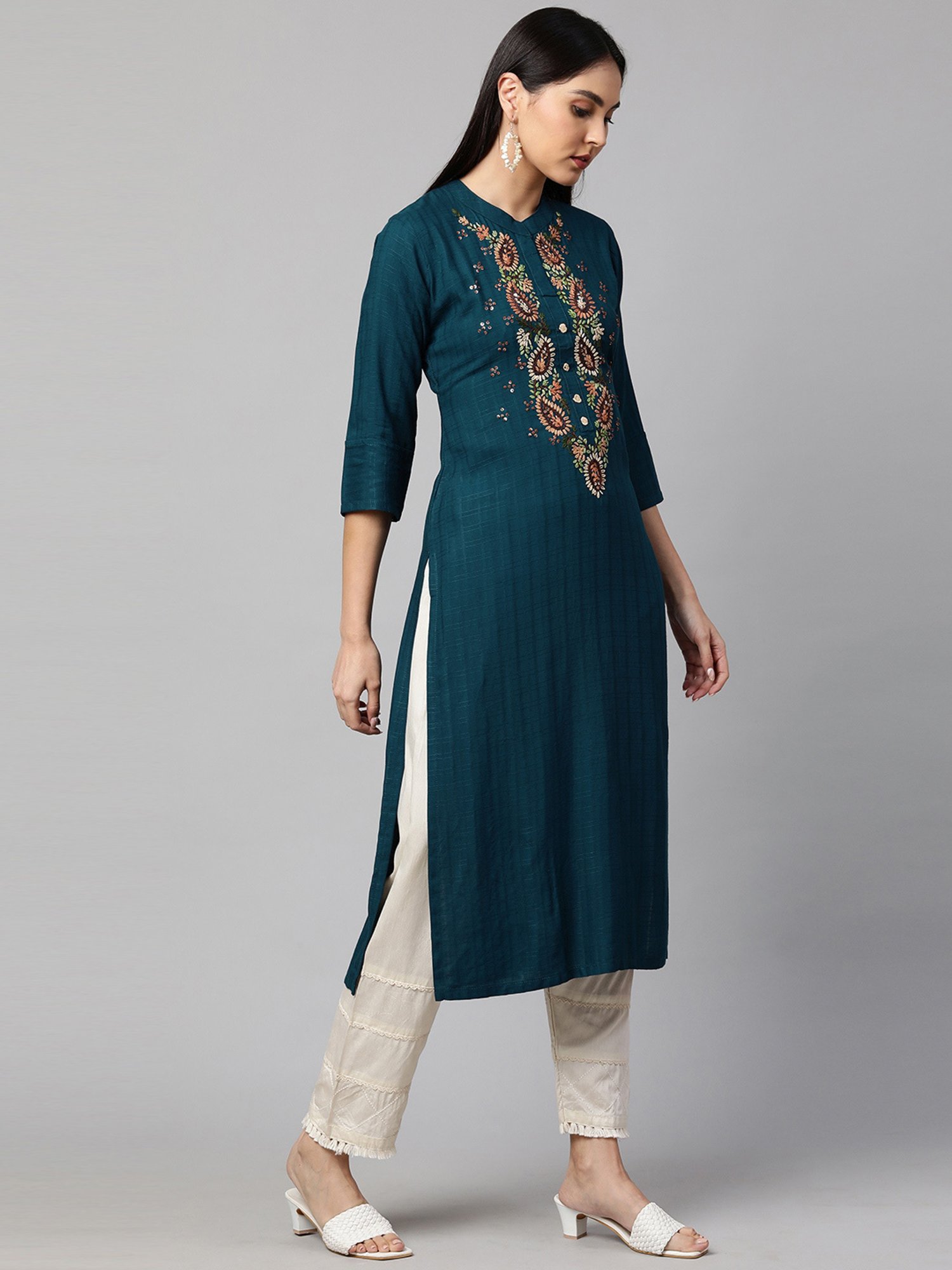 Buy Fashor Blue Embroidered Straight Kurta for Women Online @ Tata