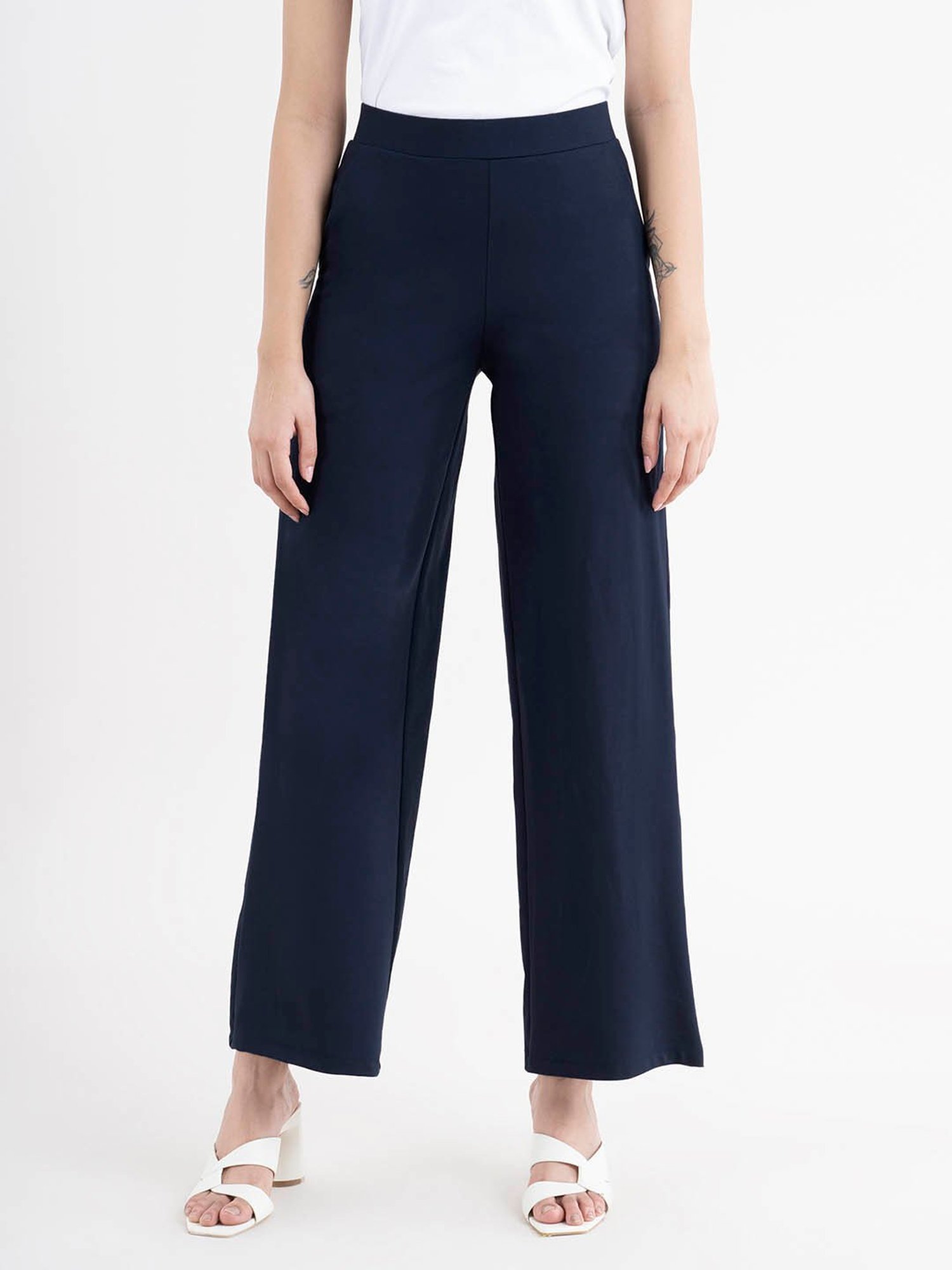 Buy Navy Blue Solid Straight Pants Online  W for Woman