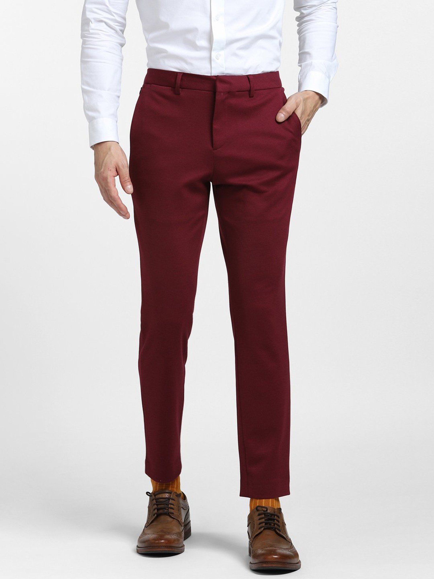 Buy Jack  Jones Maroon Slim Fit Flat Front Trousers for Mens Online   Tata CLiQ