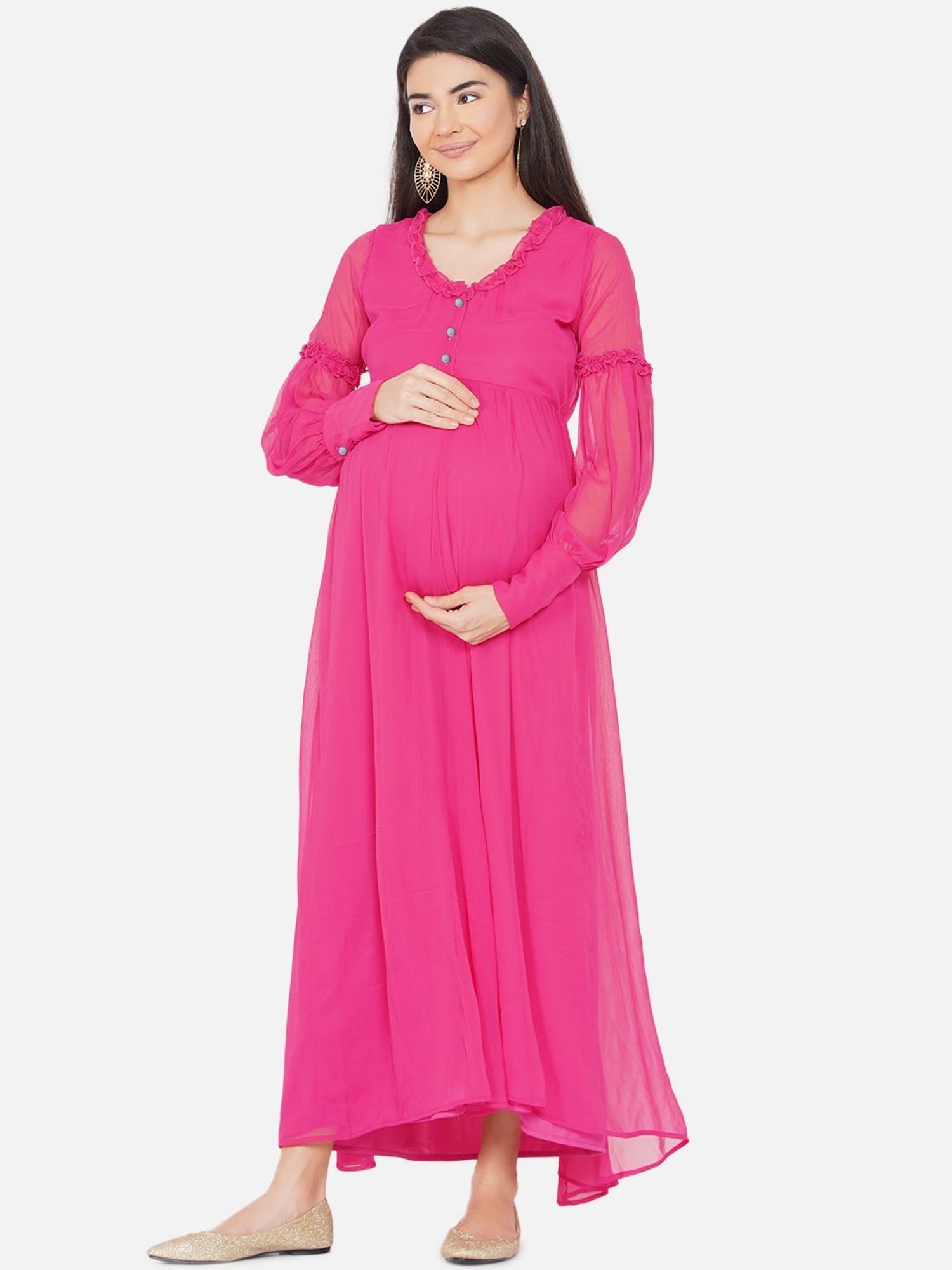 Yellow Chiffon Maternity Gown Size Large Sleeves Full Sleeves