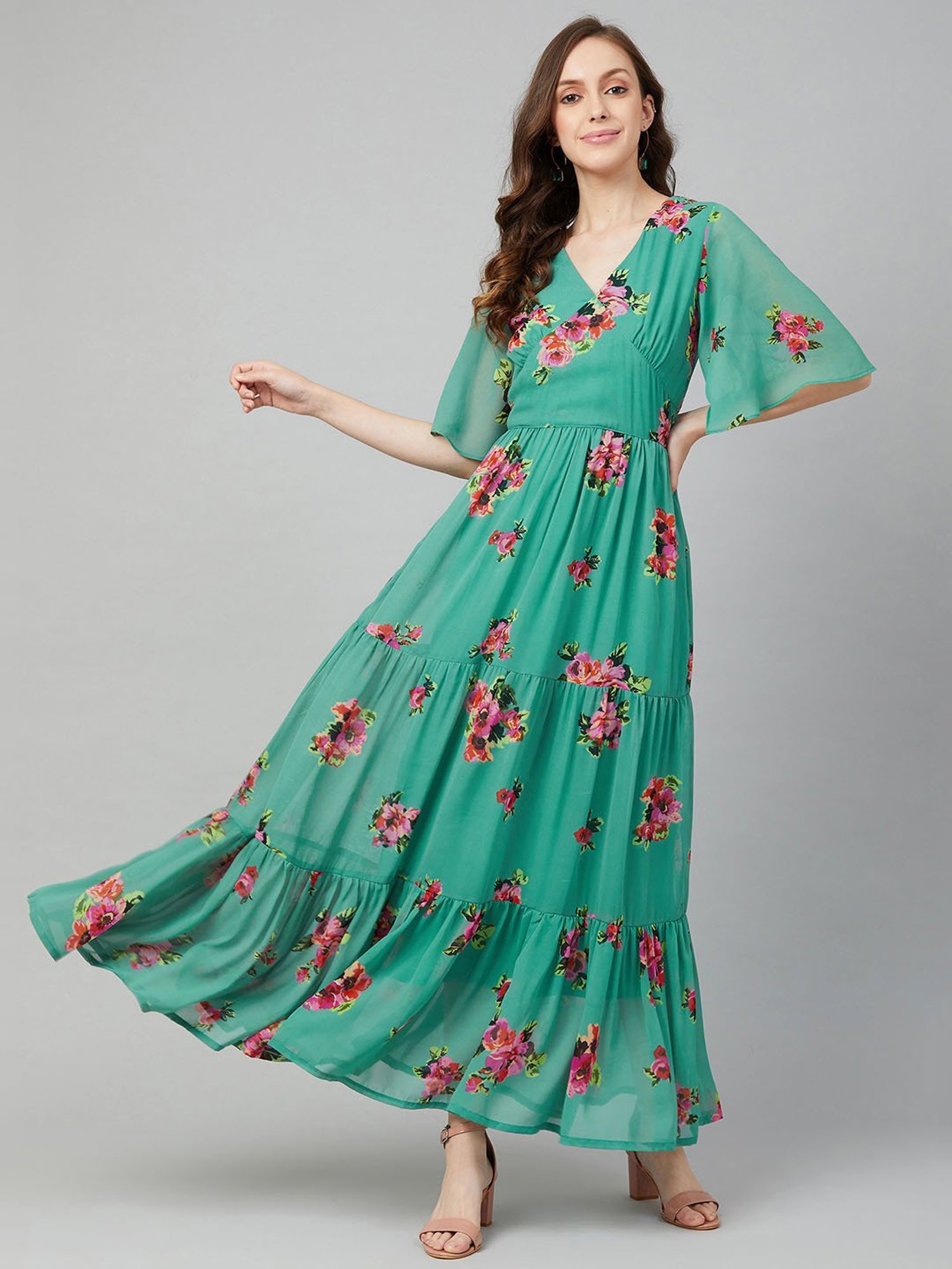 Buy Simplee Women Casual Boho Floral Maxi Dress Flowy Holiday Beach Long  Dress V Neck Short Sleeve Wedding Guest Dress, #Dark Green, M at Amazon.in