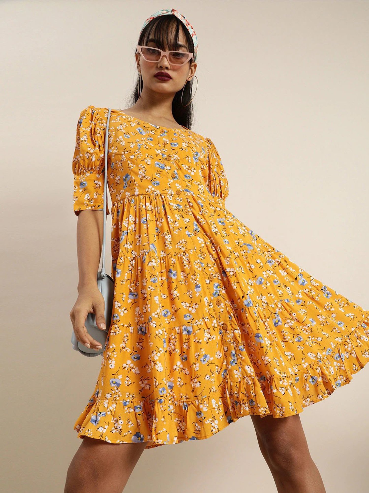 Buy Janasya Women's Yellow Georgette Floral Print Flared Western Dress  Online at Best Prices in India - JioMart.