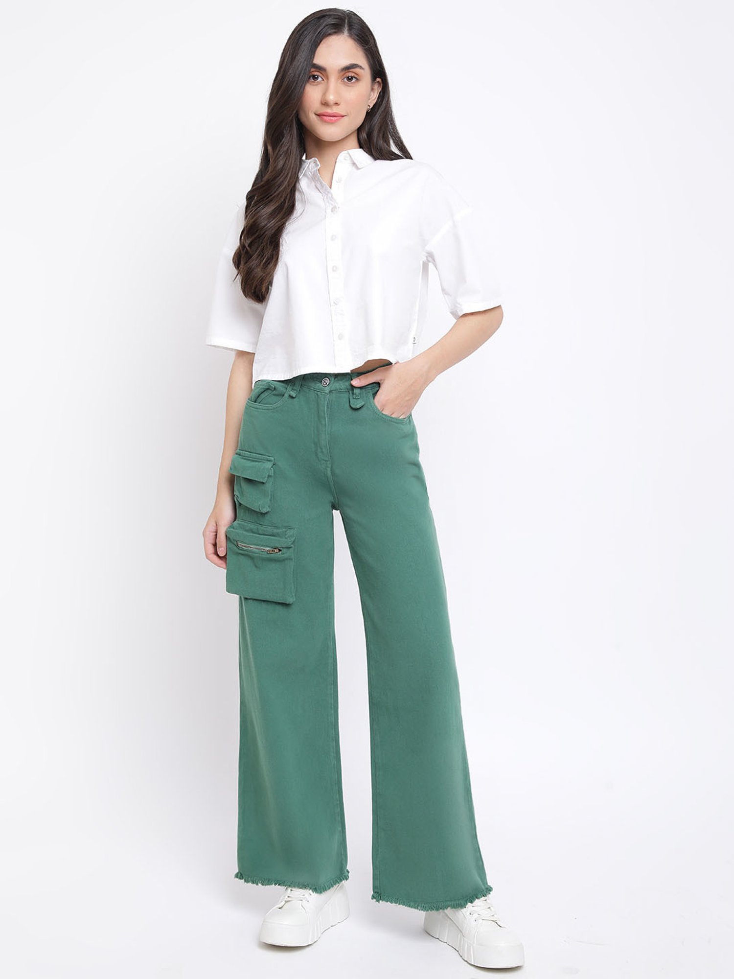 Buy Tales & Stories Green Cotton Mid Rise Cargo Trousers for Women Online @  Tata CLiQ