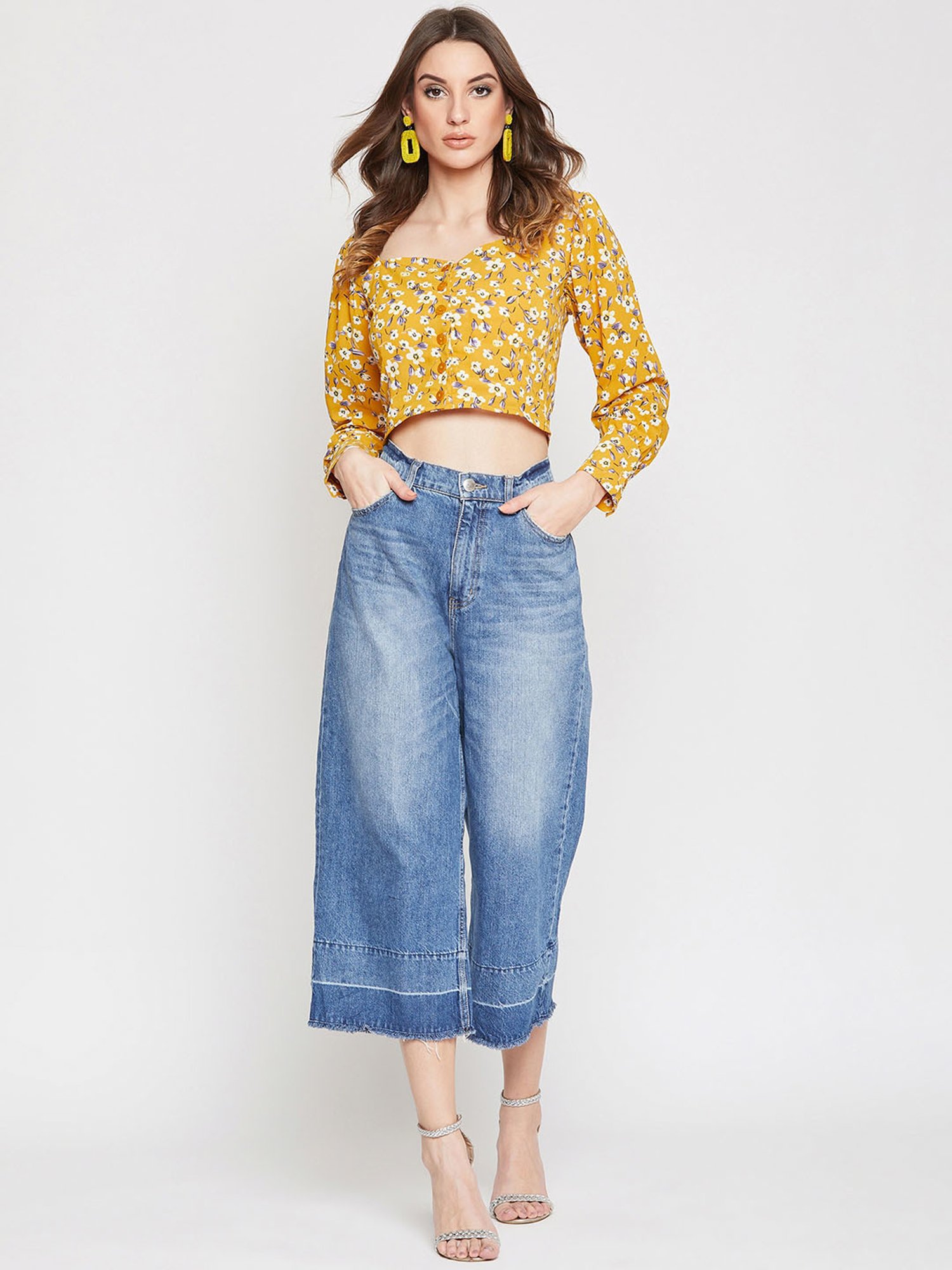 Buy Marie Claire Mustard Floral Print Crop Top for Women's Online