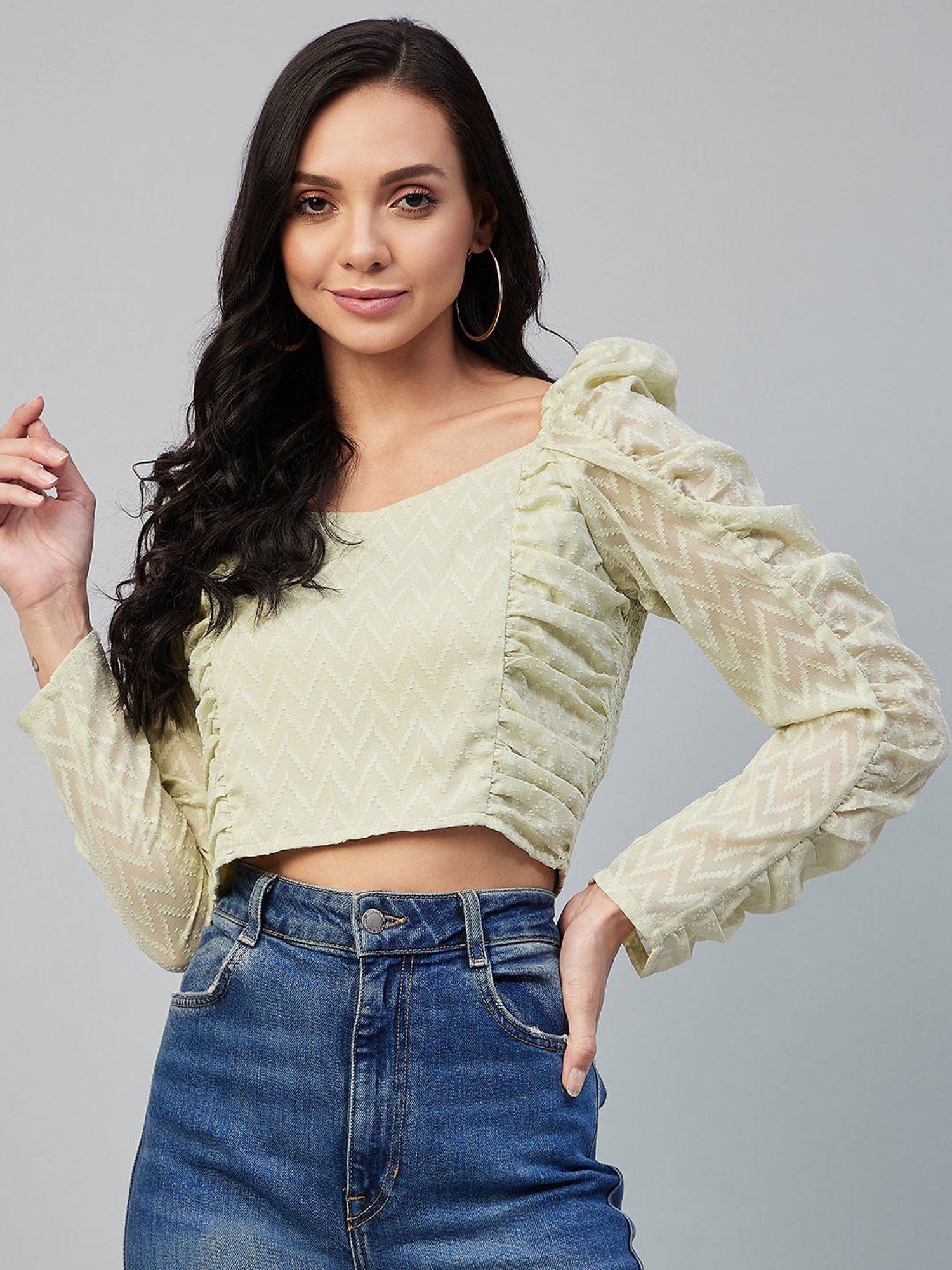 Buy Marie Claire Light Green Self Design Top for Women's Online