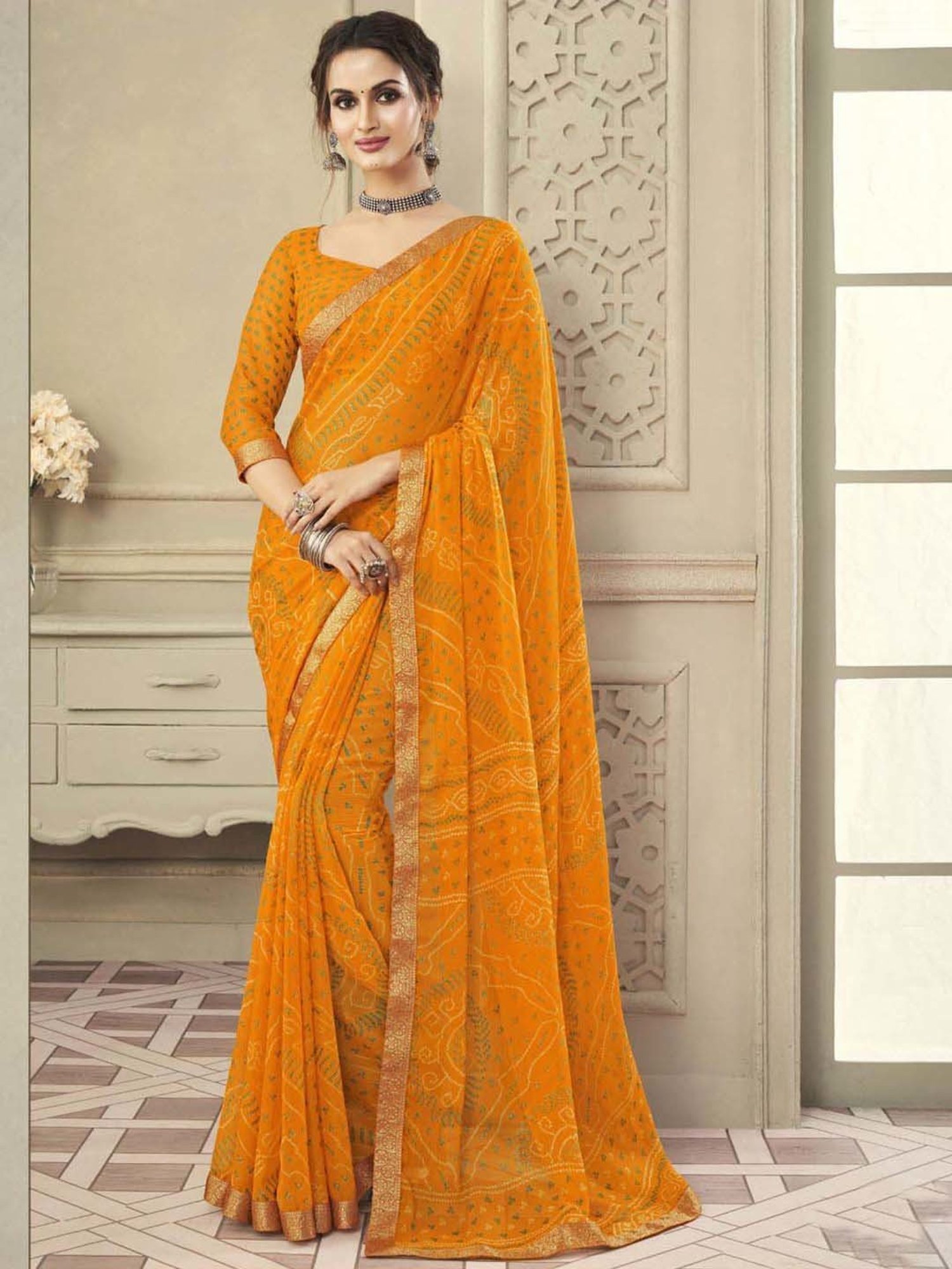 Golden Yellow Cotton Silk Saree with Contrast Blouse Piece - Jhanvi Fashions