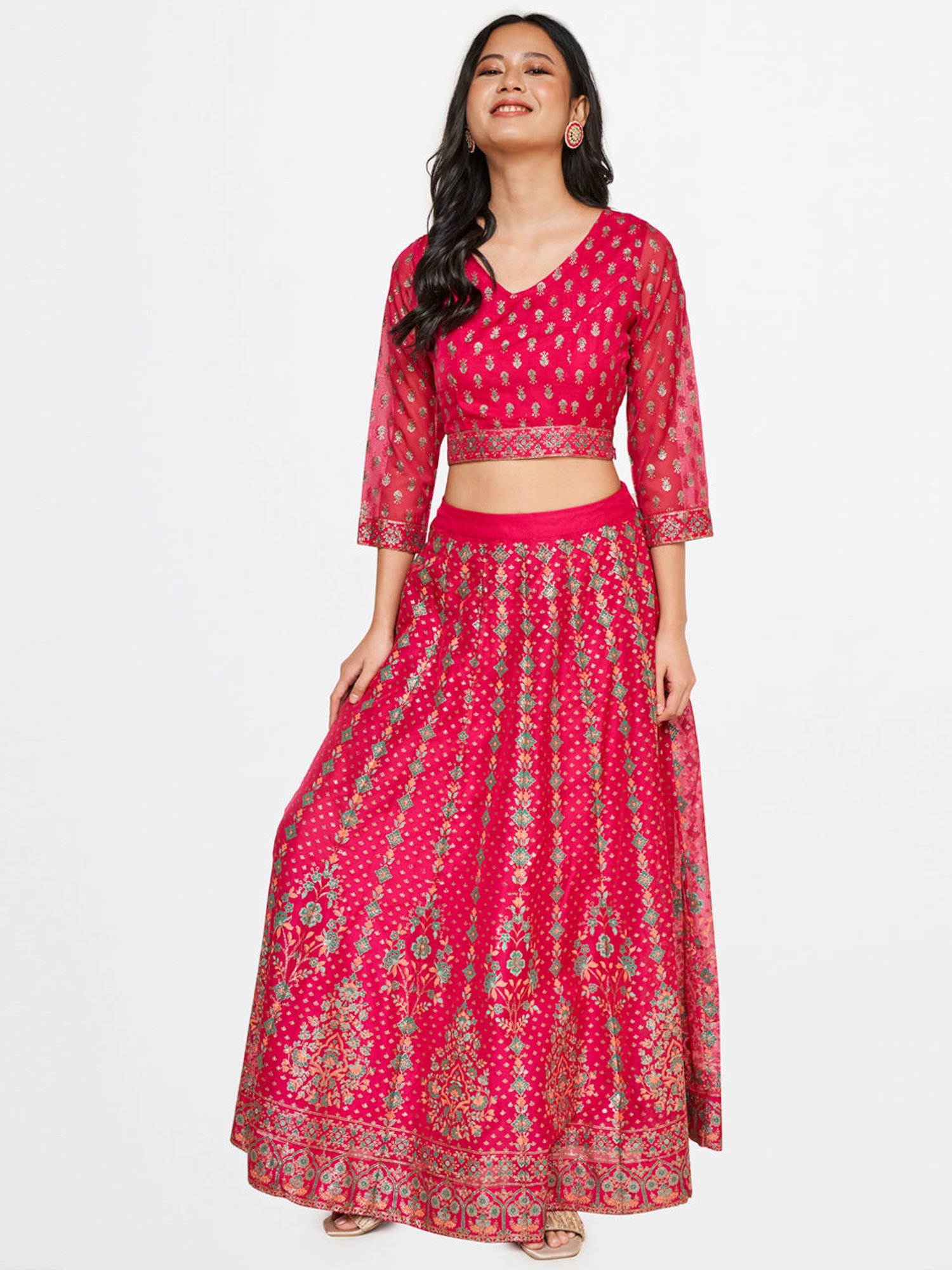 Pre Order: Dual Tone Crop Top And Pink Lehenga With Potli Bag | Little  Muffet