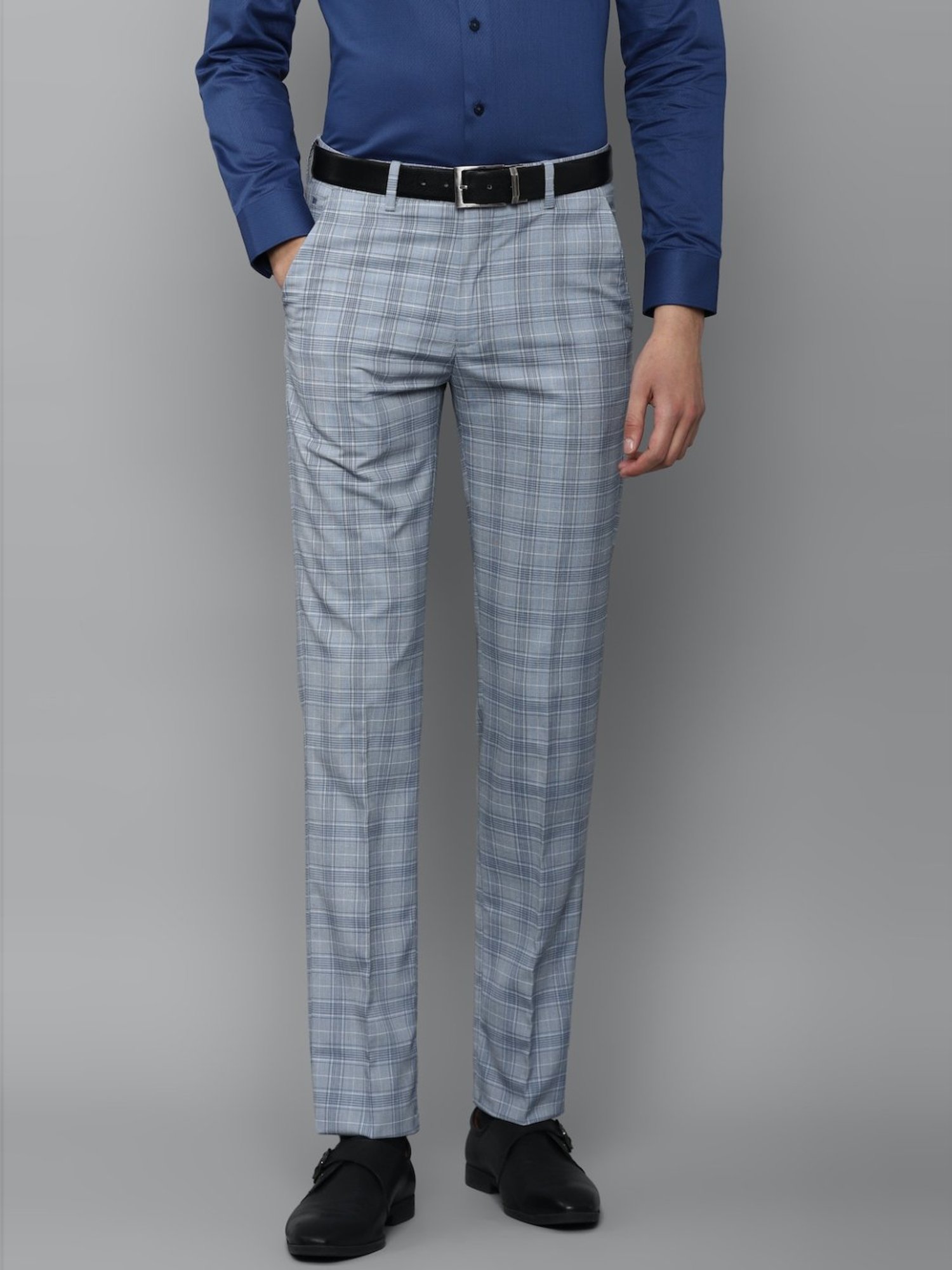 Men's Blue Check Stretch Formal Trousers | Double TWO
