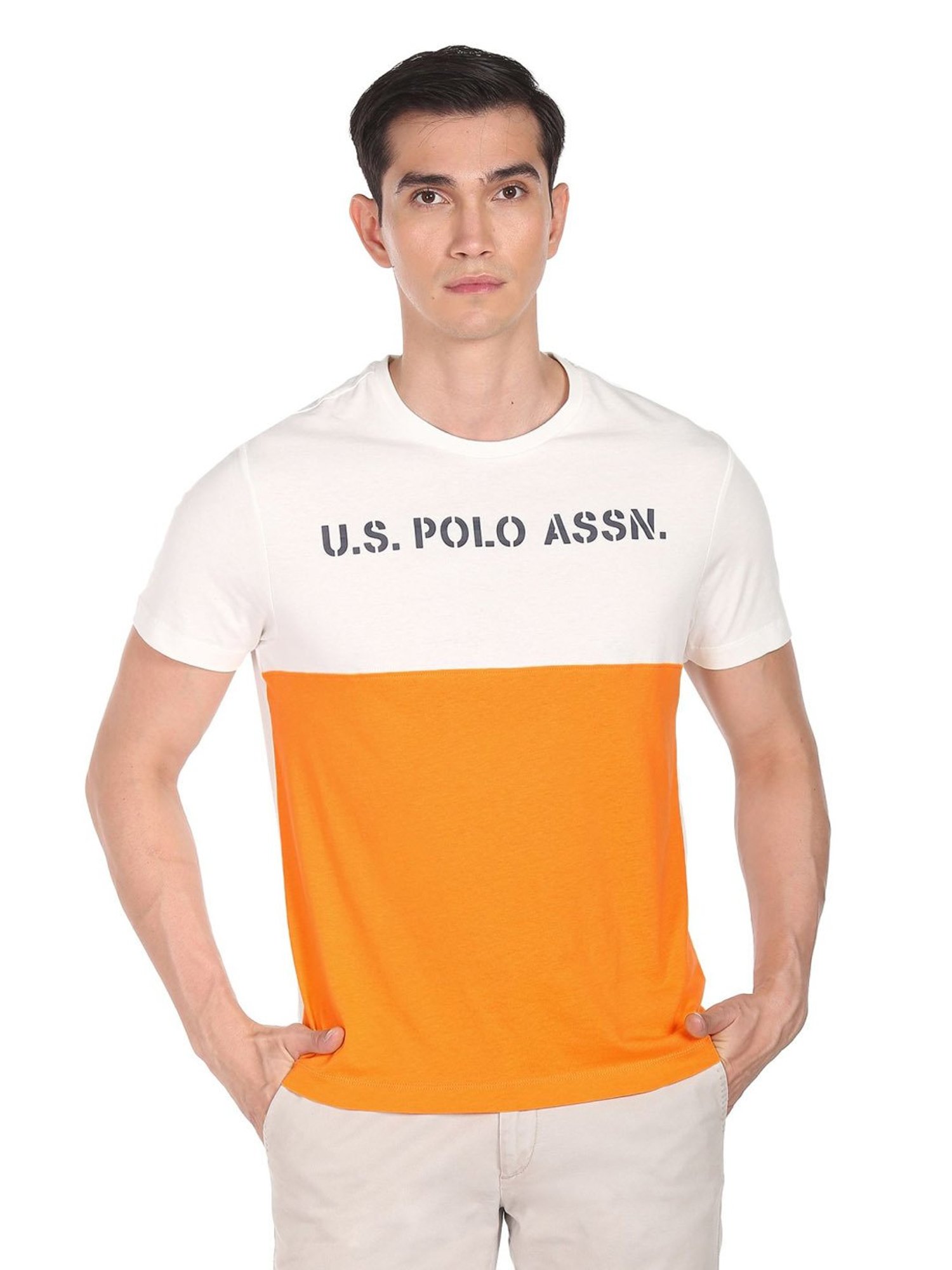 Buy U.S. Polo Assn. Orange And White Cotton Colour Block Polo T