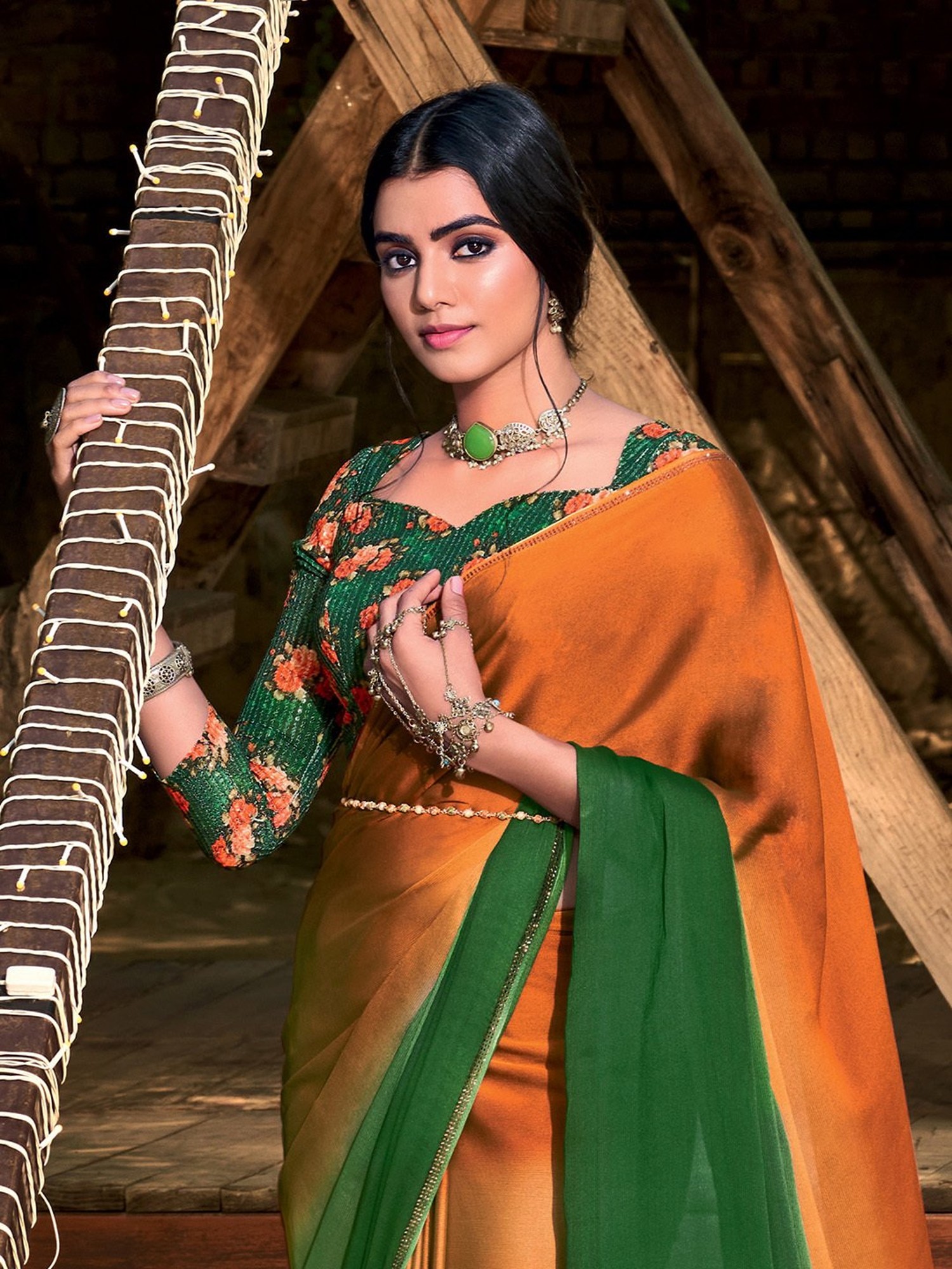 Buy Saree Mall Orange & Green Embellished Saree With Blouse for Women's  Online @ Tata CLiQ