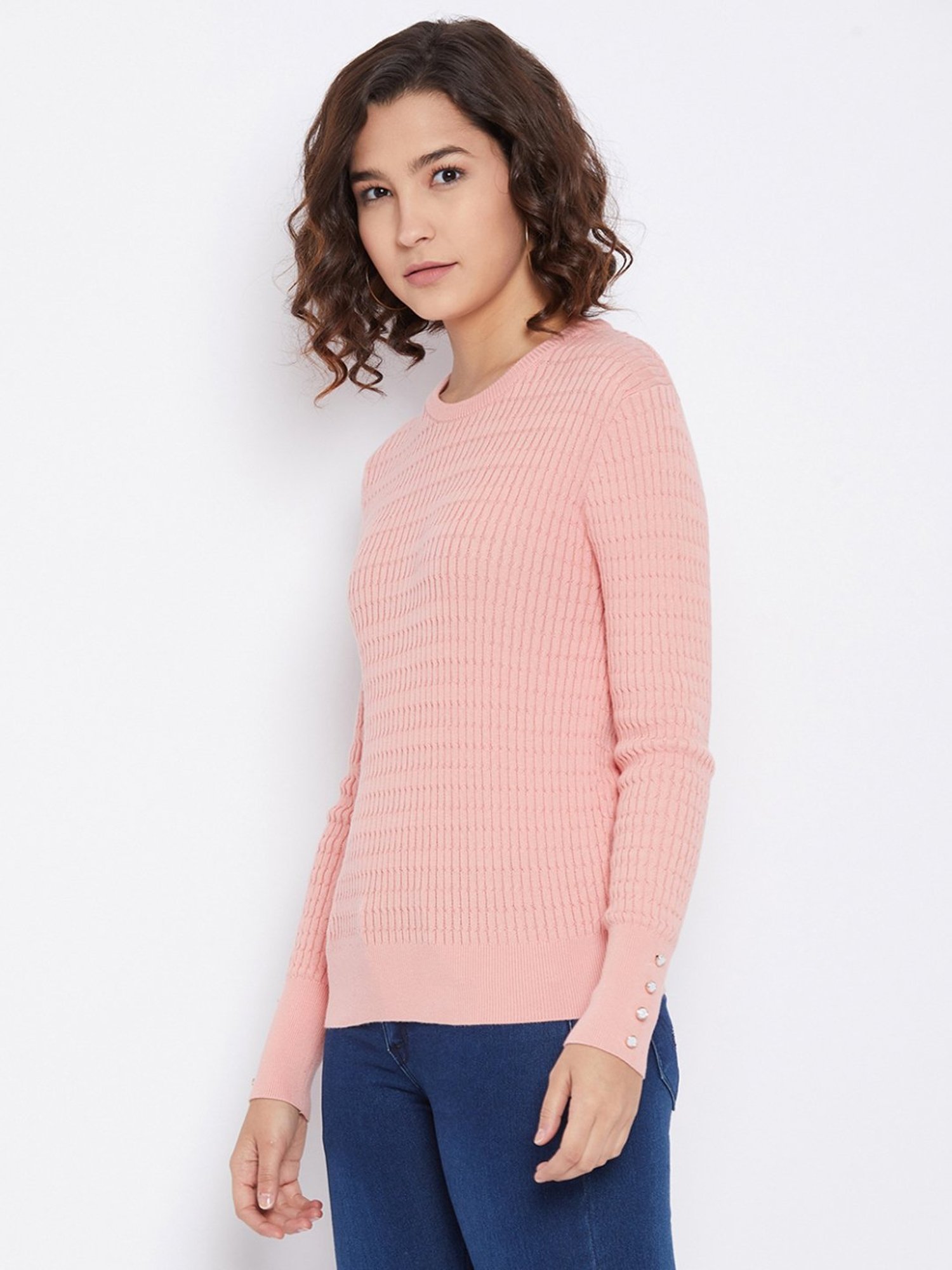 People by Pantaloons Pink Self Pattern Sweater