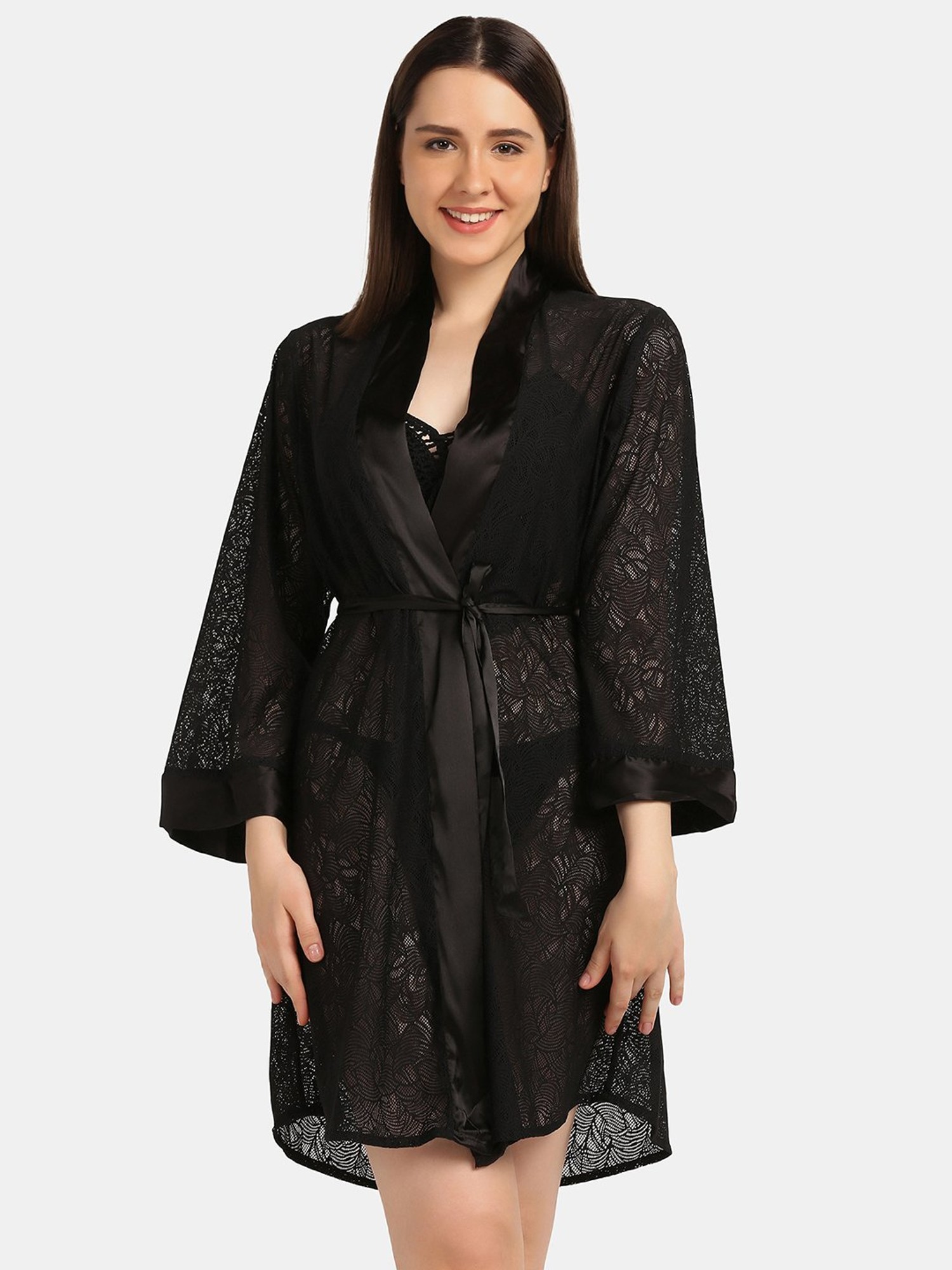 Robes For Women Women Long Silk Kimono Dressing Gown Babydoll Lace Lingerie Bath  Robe Black ,ac1102 - Walmart.com
