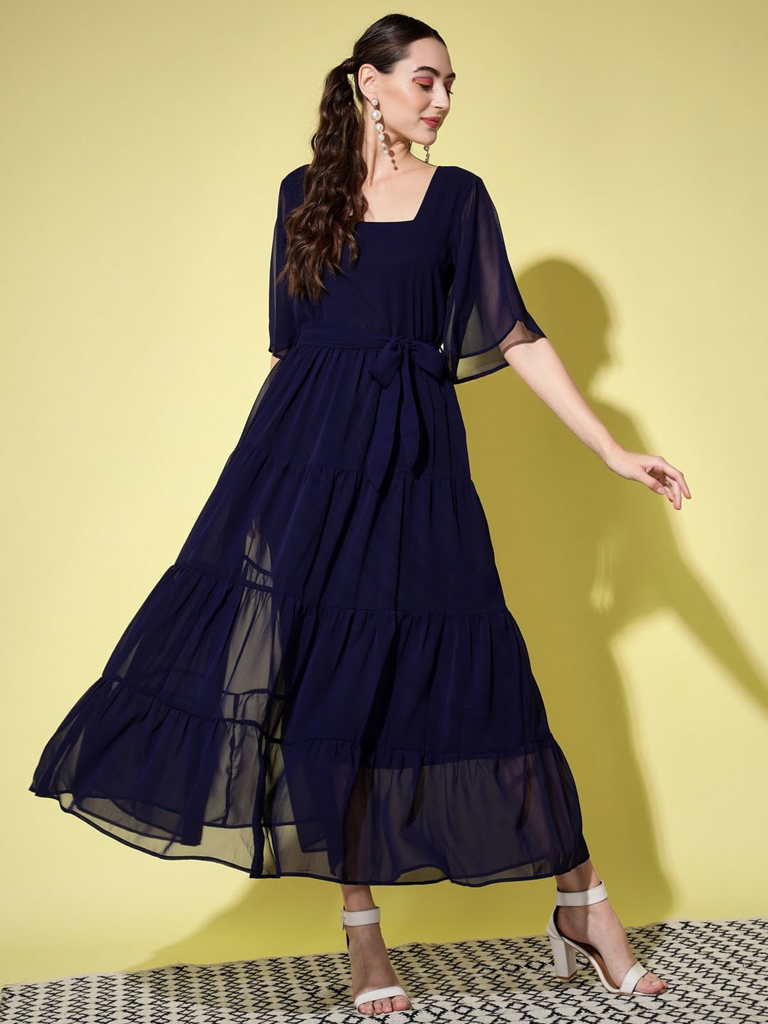 DESIGNER FAUX BLOOMING navy blue gown