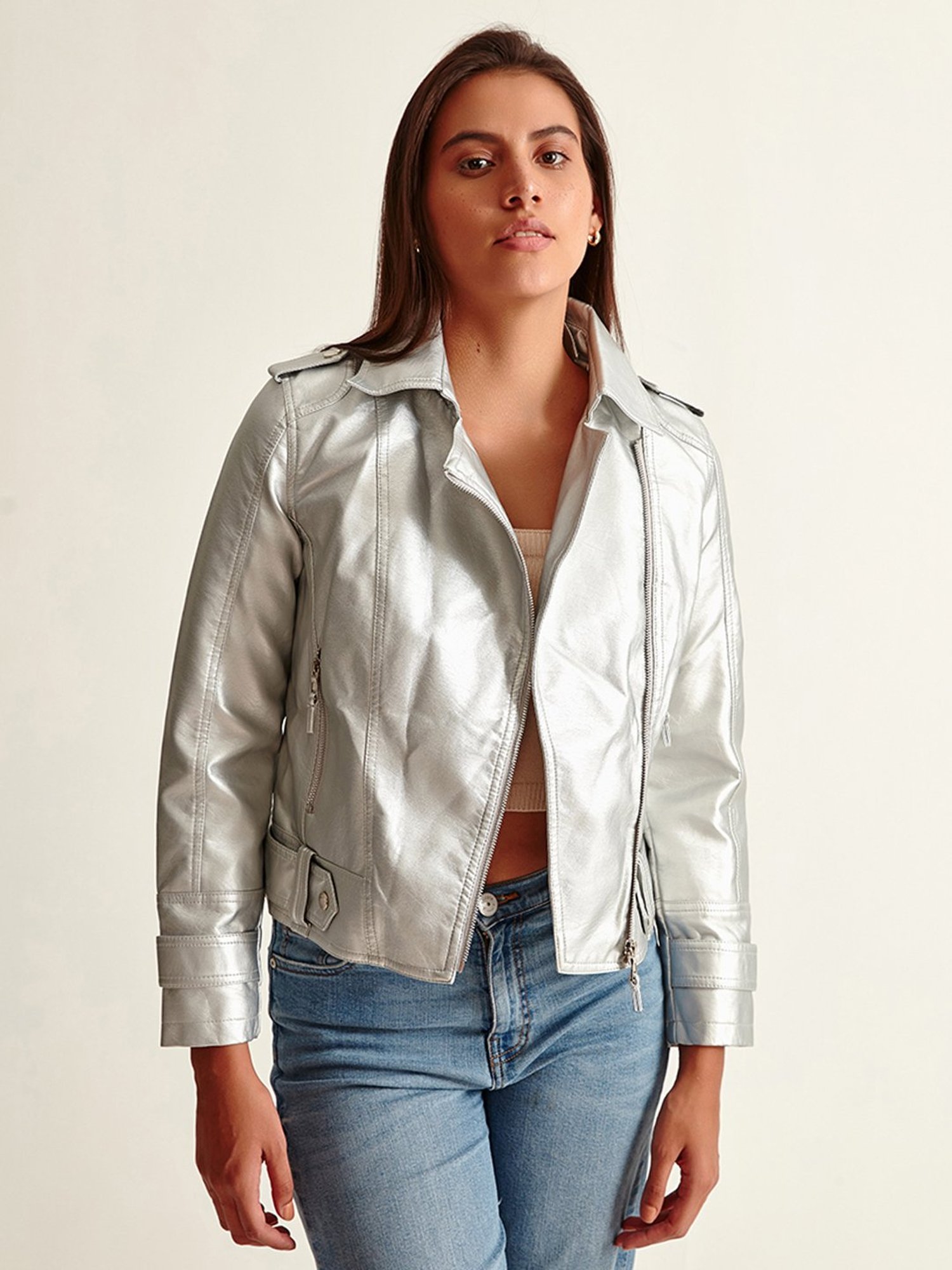 Silver Solid Jacket For Women – Zink London