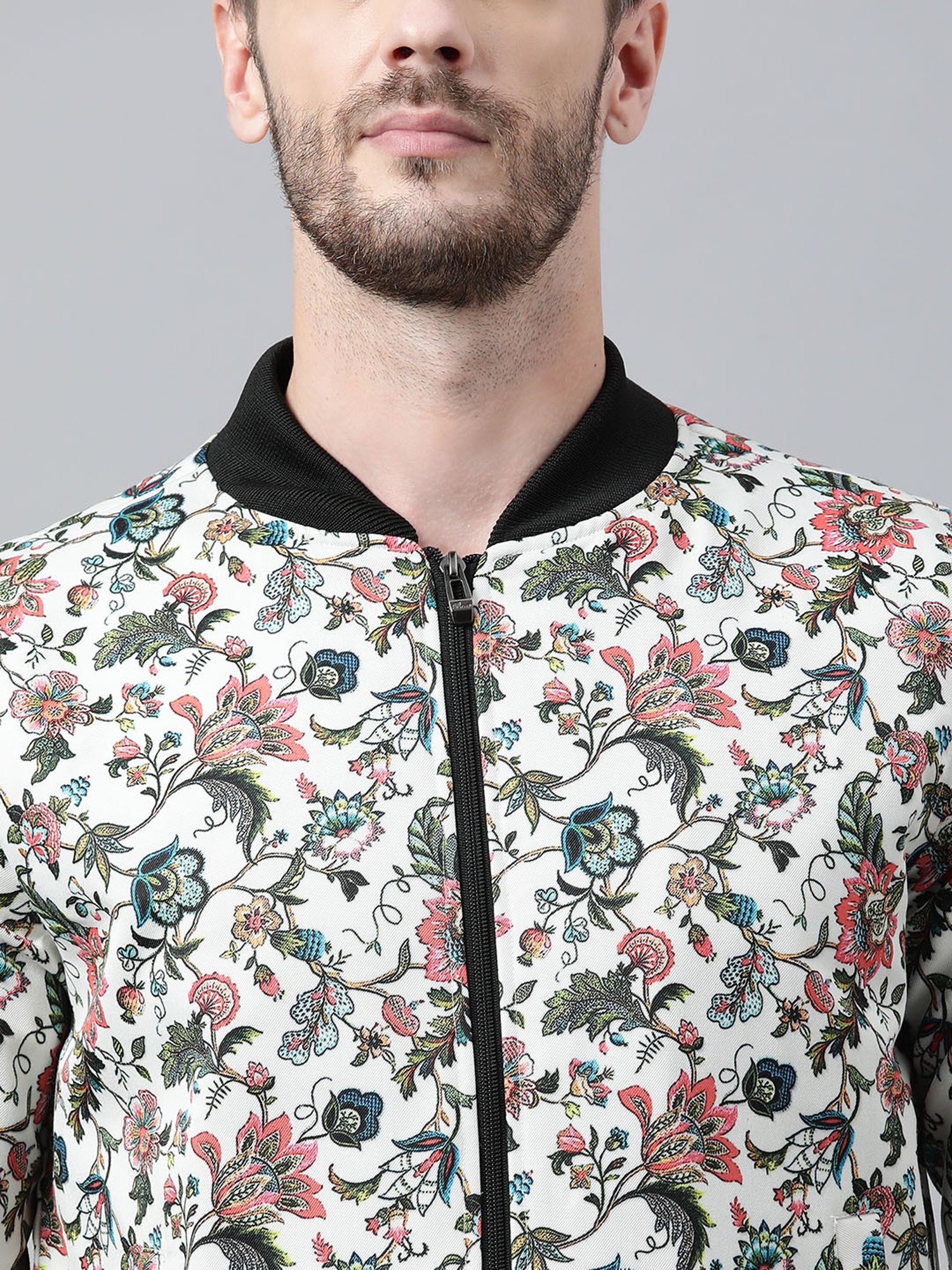 Navy Blue Floral Print Bomber Jacket | SilkFred US