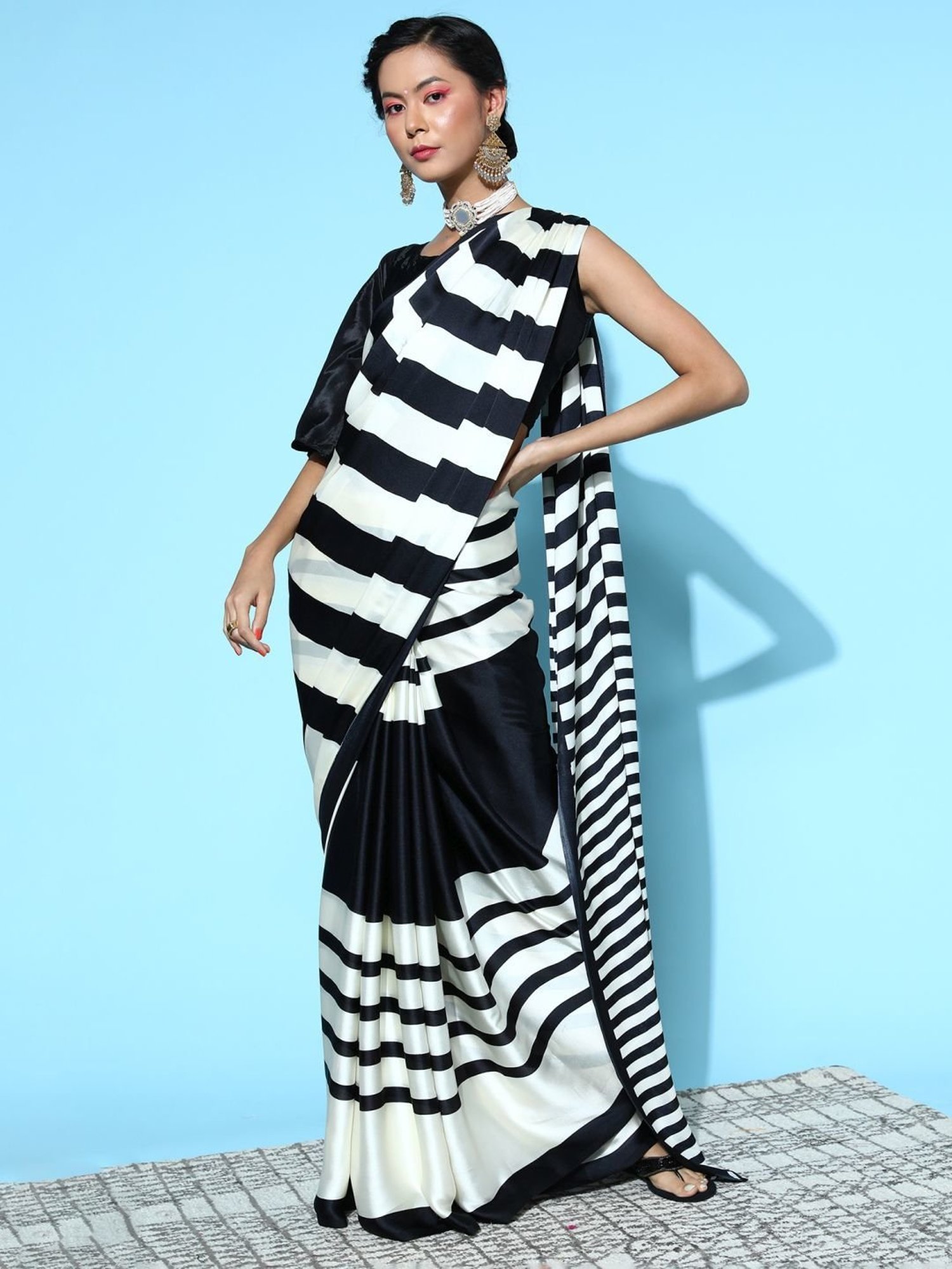 Black & White Stripe Printed Crepe Silk Draped Saree