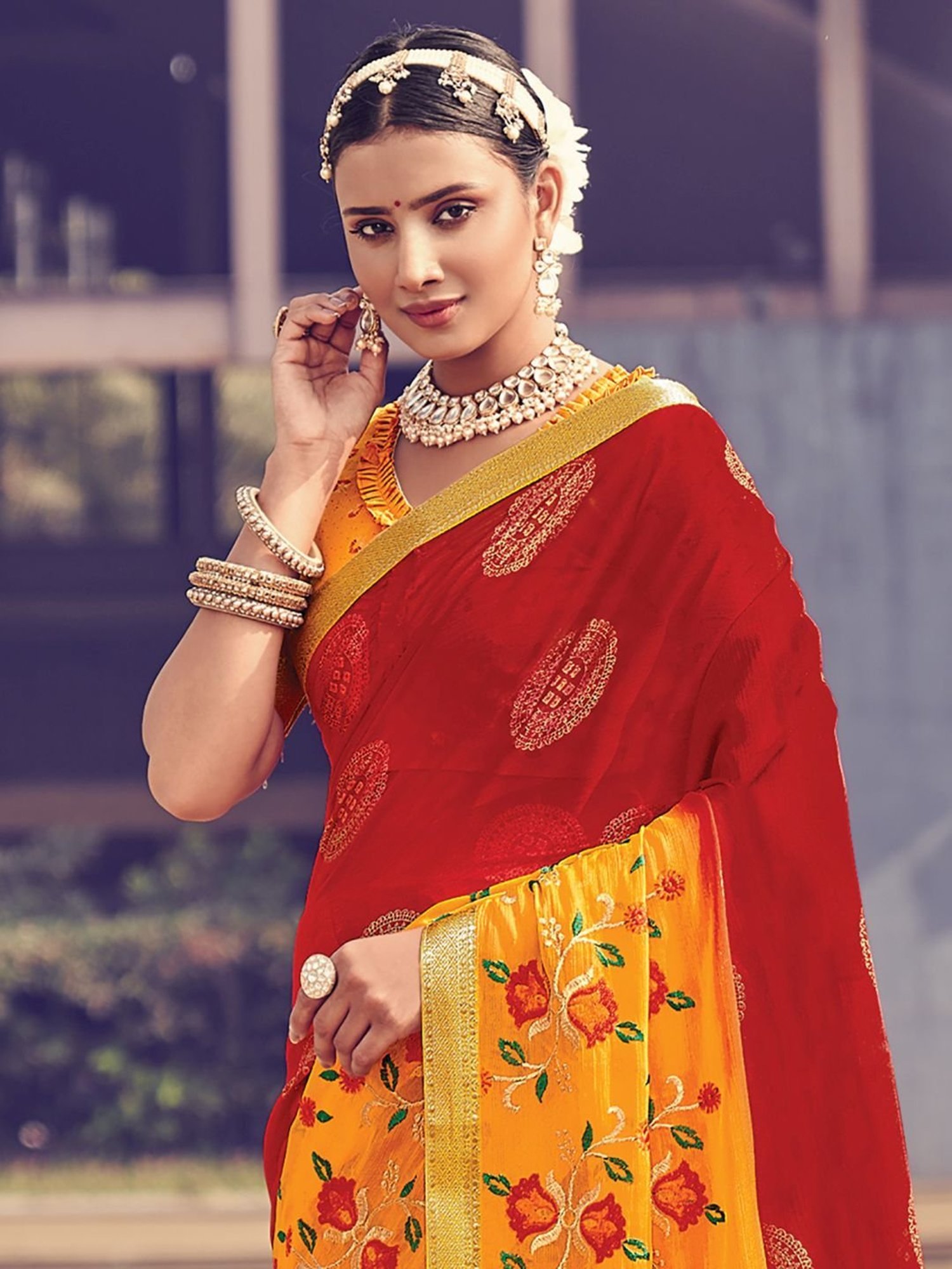 Pure sungudi Cotton Saree - Double Side Medium Size Border Plain Body Saree  (Yellow & Red)