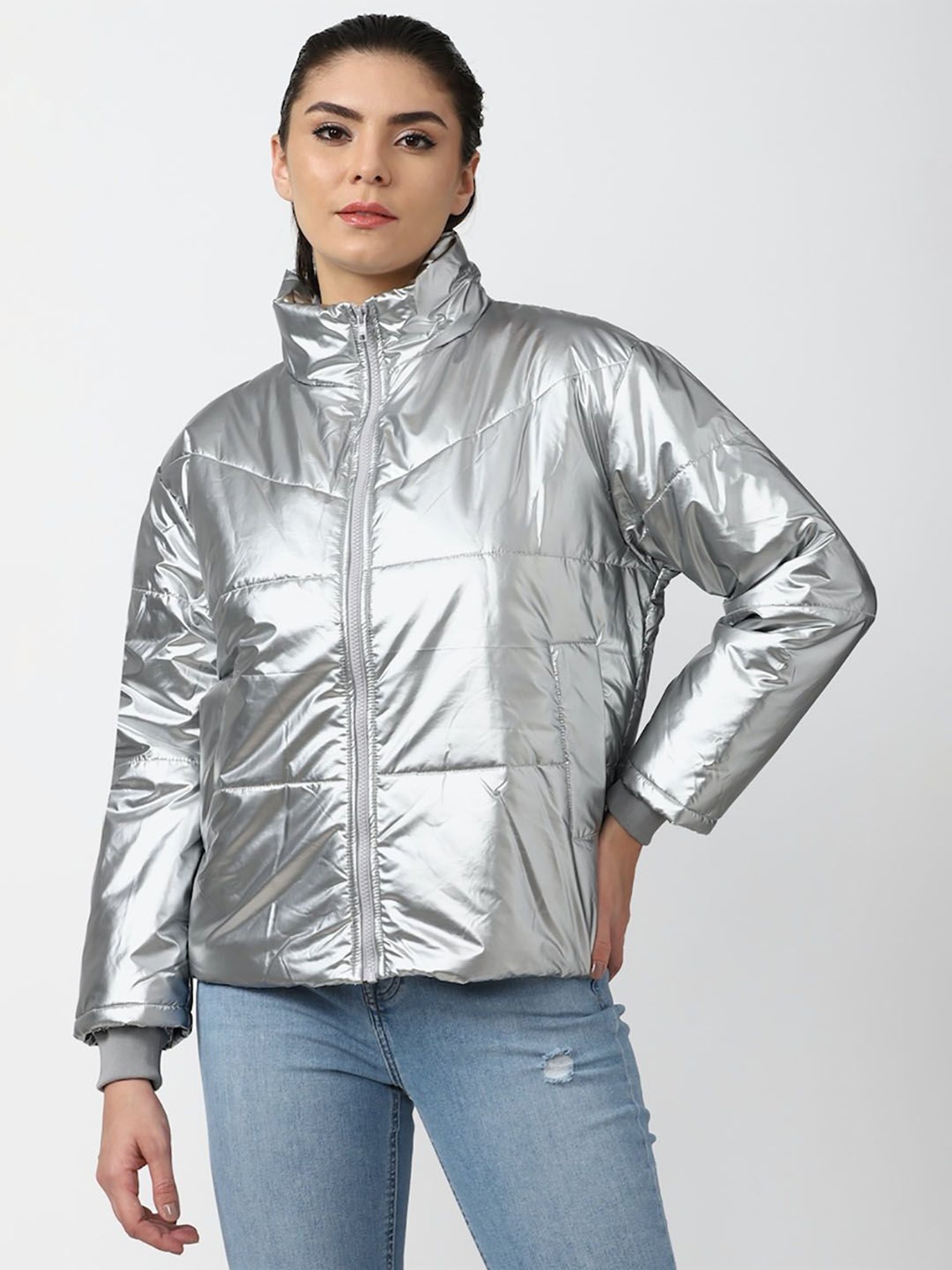 Silver puffer 2024 jacket forever 21