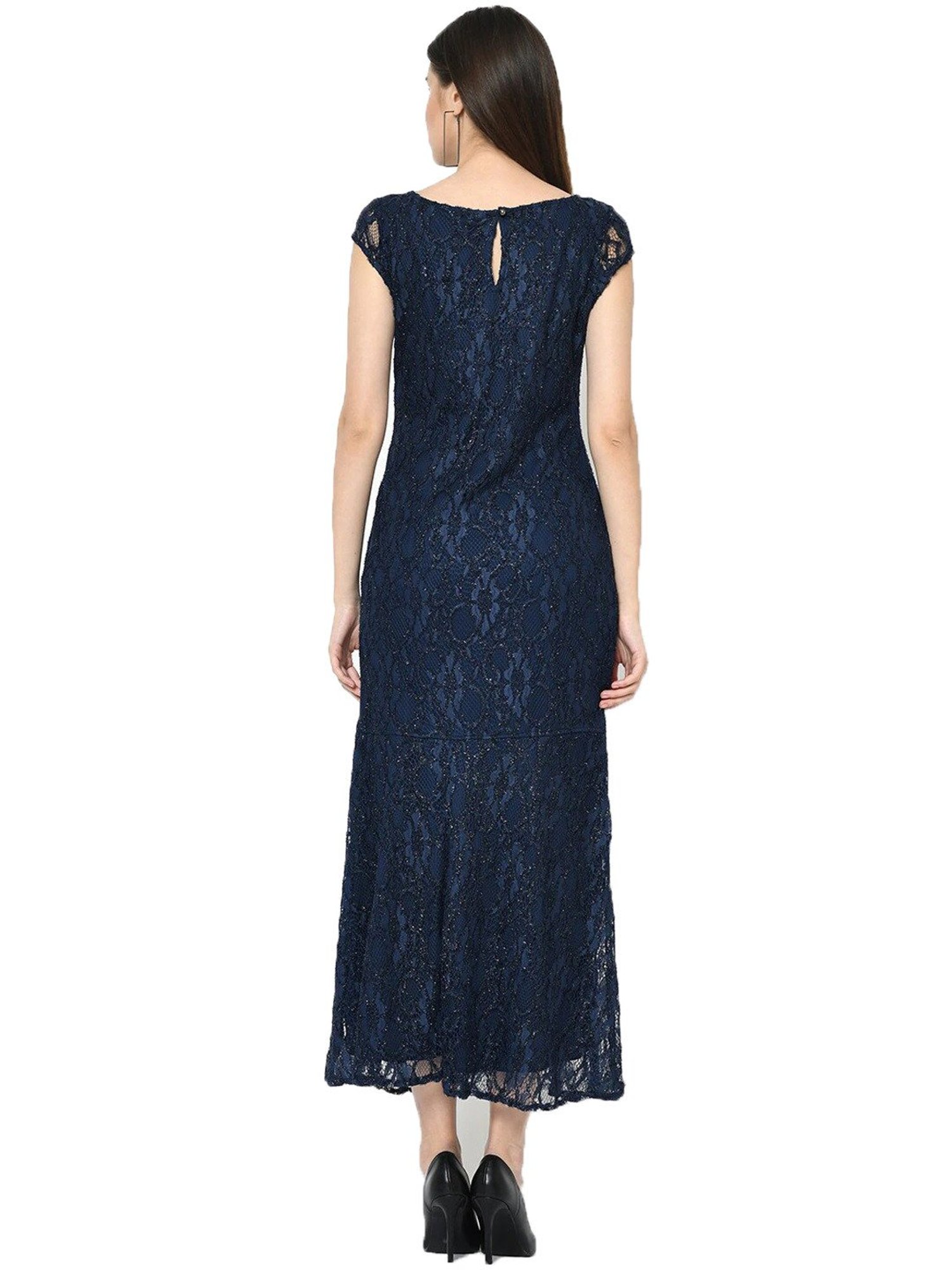 ASOS DESIGN Premium lace midi dress with ruffle detail in blue | ASOS