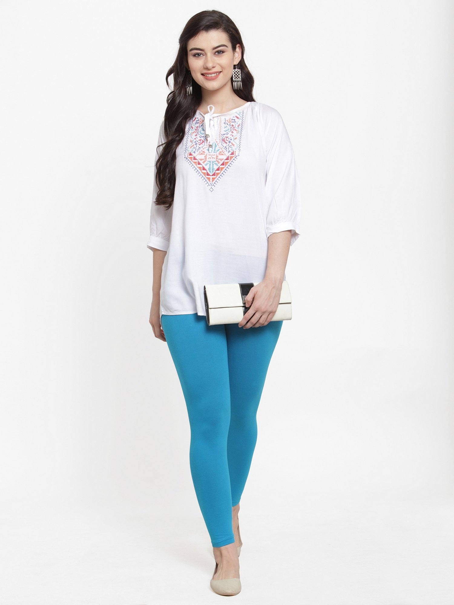 Buy Gracit Blue & Peach Mid Rise Leggings - Pack Of 3 for Women