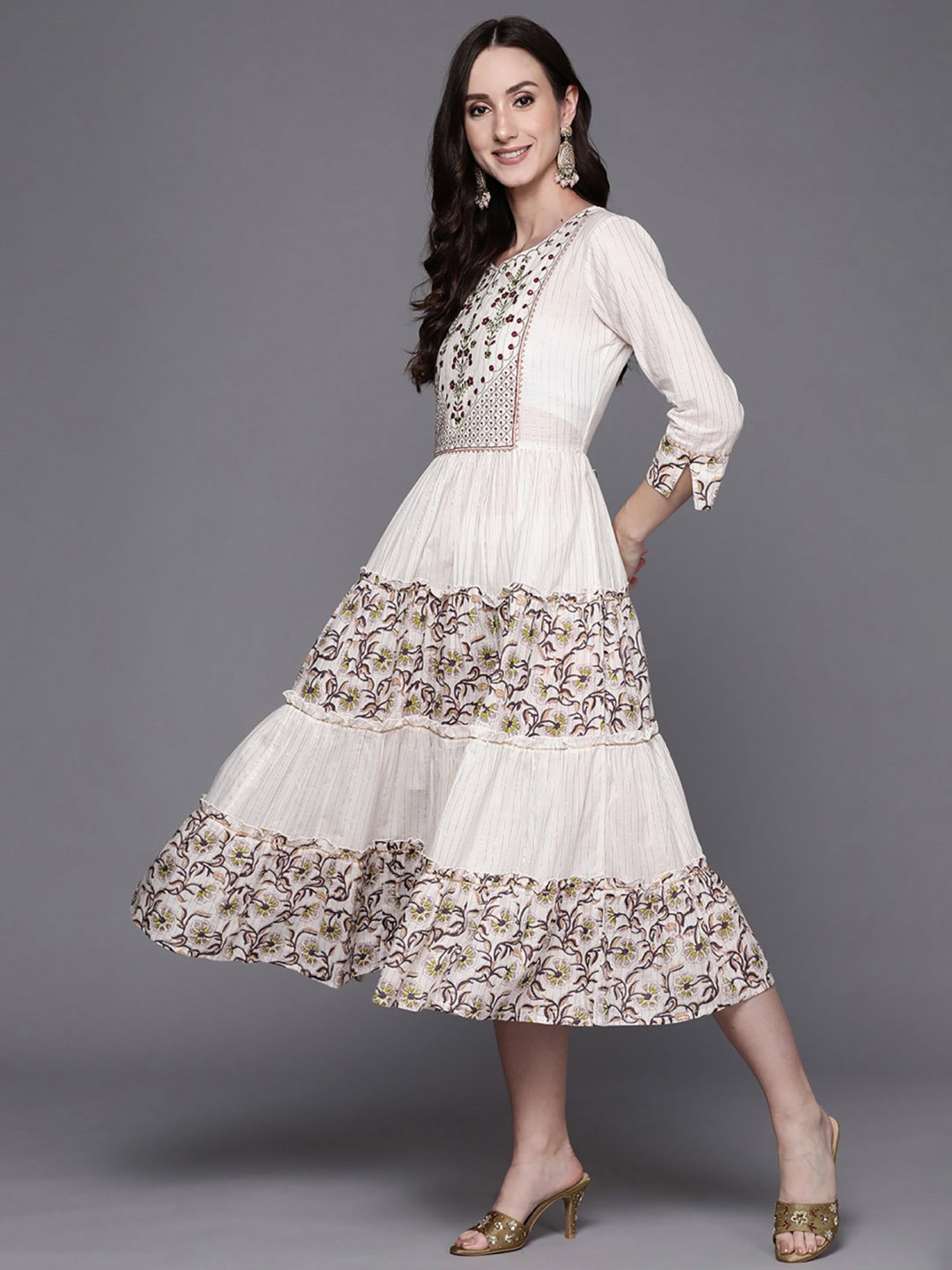 White Long Dress in Printed Linen Cotton - Indirookh